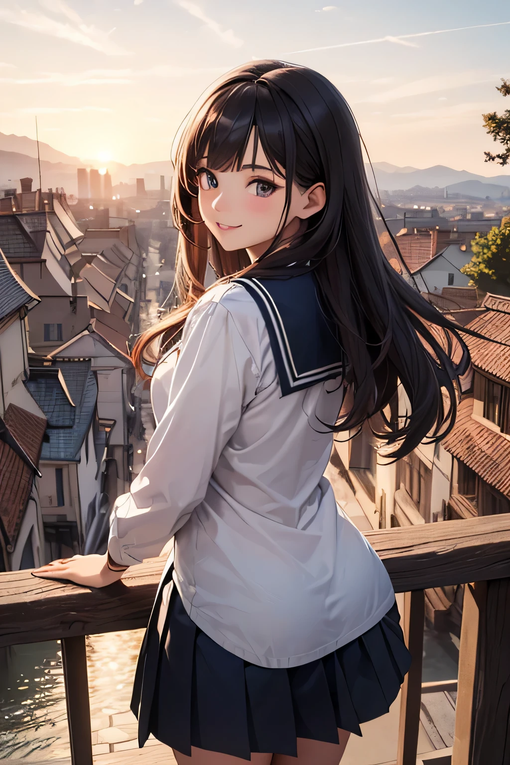 Very cute and beautiful girl,Teen,(very detailed beautiful face and eyes:1.2),Seifuku,Smile,(Navy blue pleated mini skirt),
Cowboy Shot,(Skirt lift,White panties),Dynamic Angle,Looking at Viewer,
many european houses with red roofs,(Town overview:1.2),Narrow river and distant stone bridge,Detailed landscapes,
Black hair,(Best Quality,masutepiece:1.2),Intricate details,Extremely detailed,8K resolution,Solo,Natural lighting,
Hair fluttering in the wind,Beautiful detailed sky,