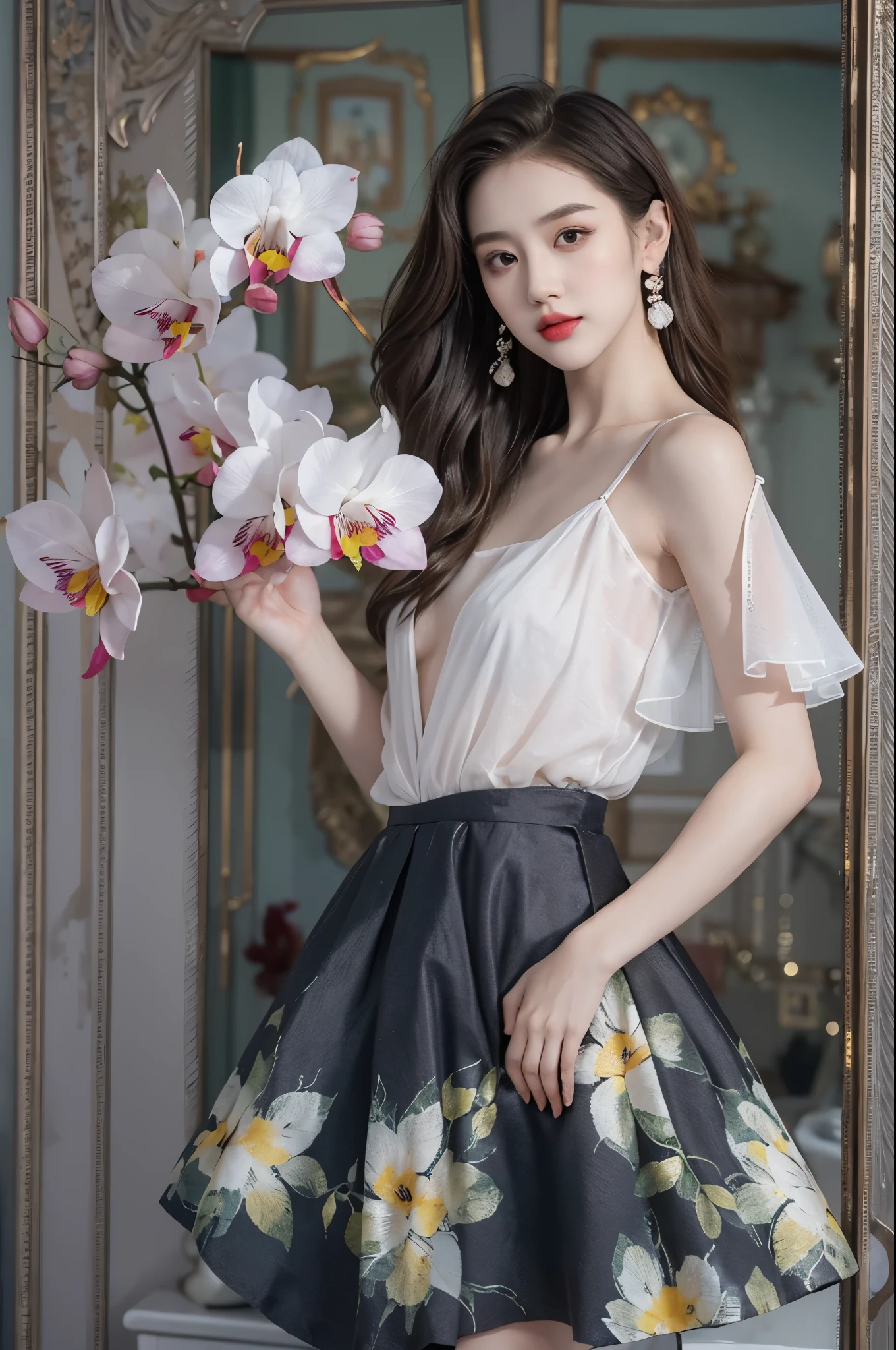 Sweet girl a skirt2,a skirt, ((oboy shooting)), Redlip, A mature woman, cosmetics, フォトリアリスティック、real photograph、((realistically:1.5))、There are white phalaenopsis around the hair，Lilac dendrobium、white lilies、1 rapariga、Brown hair、floated hair、A plump chest, slim toned body, Charming legs, Strike elegant poses, Have extremely beautiful facial features、Hairpin on the head、perfect hand、(natta、themoon、precipice)、 vectorial art、Chinese contemporary art、gentlesoftlighting、looking-down