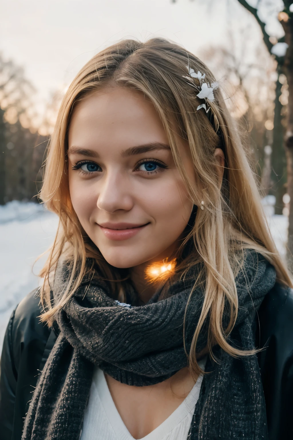 having a walk with dog, evening, winter, winter outfit, scarf, cute smile with beautiful teeth, young and cute face, chubby, best quality, Meisterwerk, Realistisches Foto, Komplizierte Details, RAW-Foto, Ultra-detailliert, blondes haar, cute face, Körpchengröße B, blondes Haar, perfekte und blaue Augen, HD quality, 8K, young woman, 20 Jahre alt