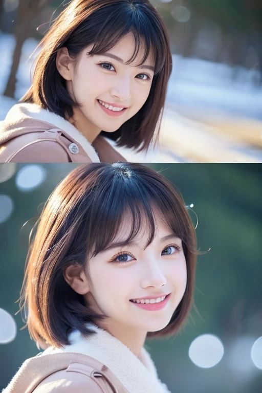 Beautiful woman with good eyes and nose、Beautiful as a model、Cute like a model、Eyes are double、How to use regular mascara、Eye color blue、Hair color pink、Her face is delicate and elegant.、8k picture、Beautiful style like a model、Ordinary large、A refreshing and lovely smile、クリスマスの日に外で雪⛄が積もった白銀の雪景色で雪だるまや、Snowball fight scene、Contains 2 types of scenes: inside and outside the house、Pose like a model、Overall portrait、Snapshots、Glamaloid Smile、Beautiful and delicate face like a model、Best Quality、masuter piece、Cute smile、 Atmosphere、Elegant beauty、The season is winter、