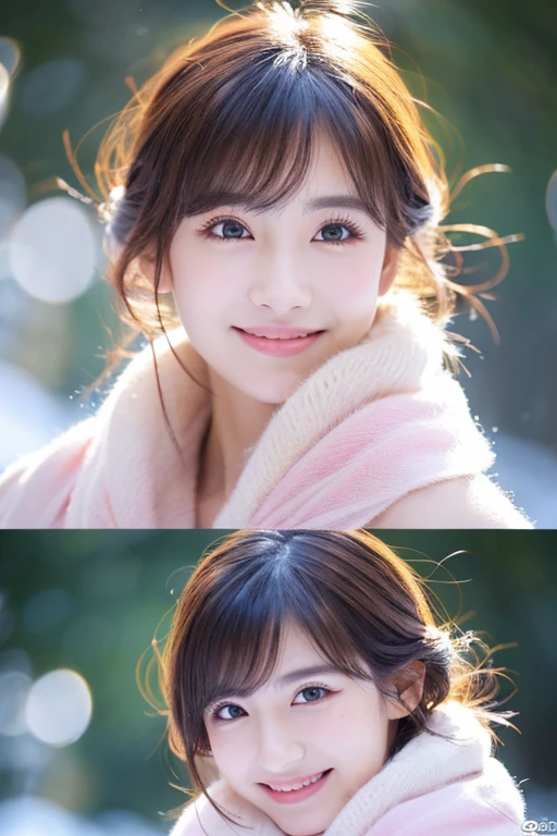 Beautiful woman with good eyes and nose、Beautiful as a model、Cute like a model、Eyes are double、How to use regular mascara、Eye color blue、Hair color pink、Her face is delicate and elegant.、8k picture、Beautiful style like a model、Ordinary large、A refreshing and lovely smile、クリスマスの日に外で雪⛄が積もった白銀の雪景色で雪だるまや、Snowball fight scene、Contains 2 types of scenes: inside and outside the house、Pose like a model、Overall portrait、Snapshots、Glamaloid Smile、Beautiful and delicate face like a model、Best Quality、masuter piece、Cute smile、 Atmosphere、Elegant beauty、The season is winter、