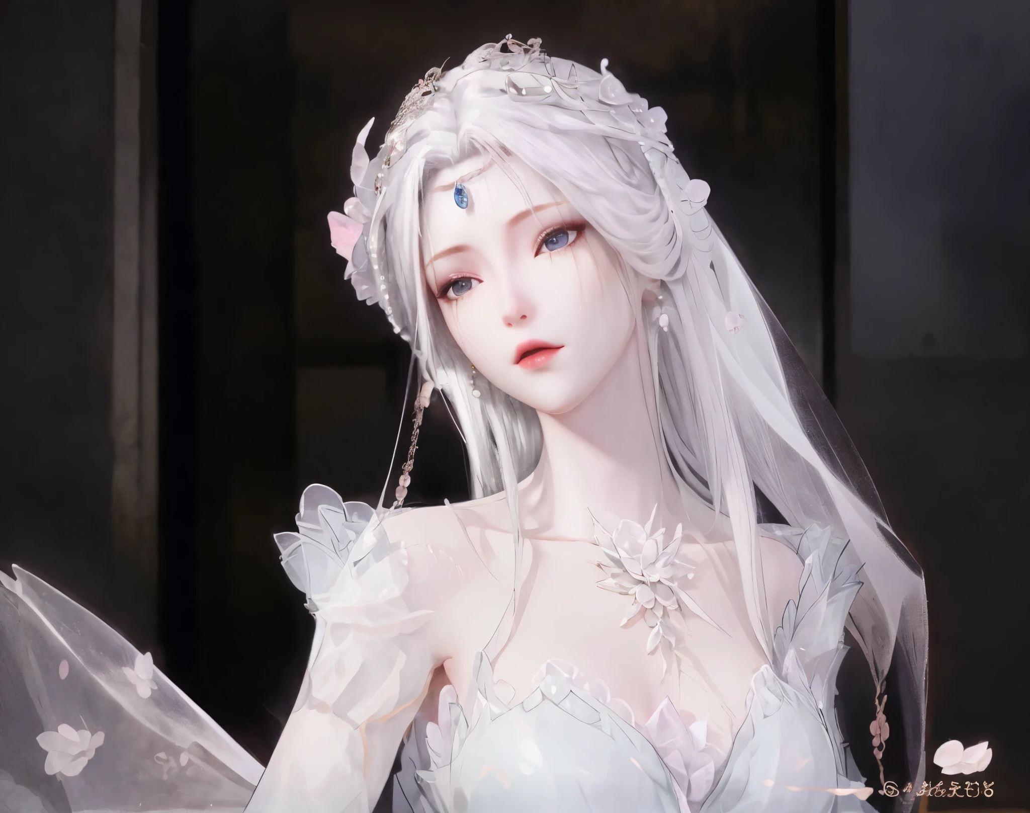 Close-up of doll wearing veil and floral headdress, pale milky white porcelain skin, porcelain white skin, pale porcelain white skin, , Fair skin, Sam rice cereal, Milky skin, ((beautiful fantasy empress)), 8K)), Ethereal!!! hyper realisitc, anime barbie white, Fairy tale core