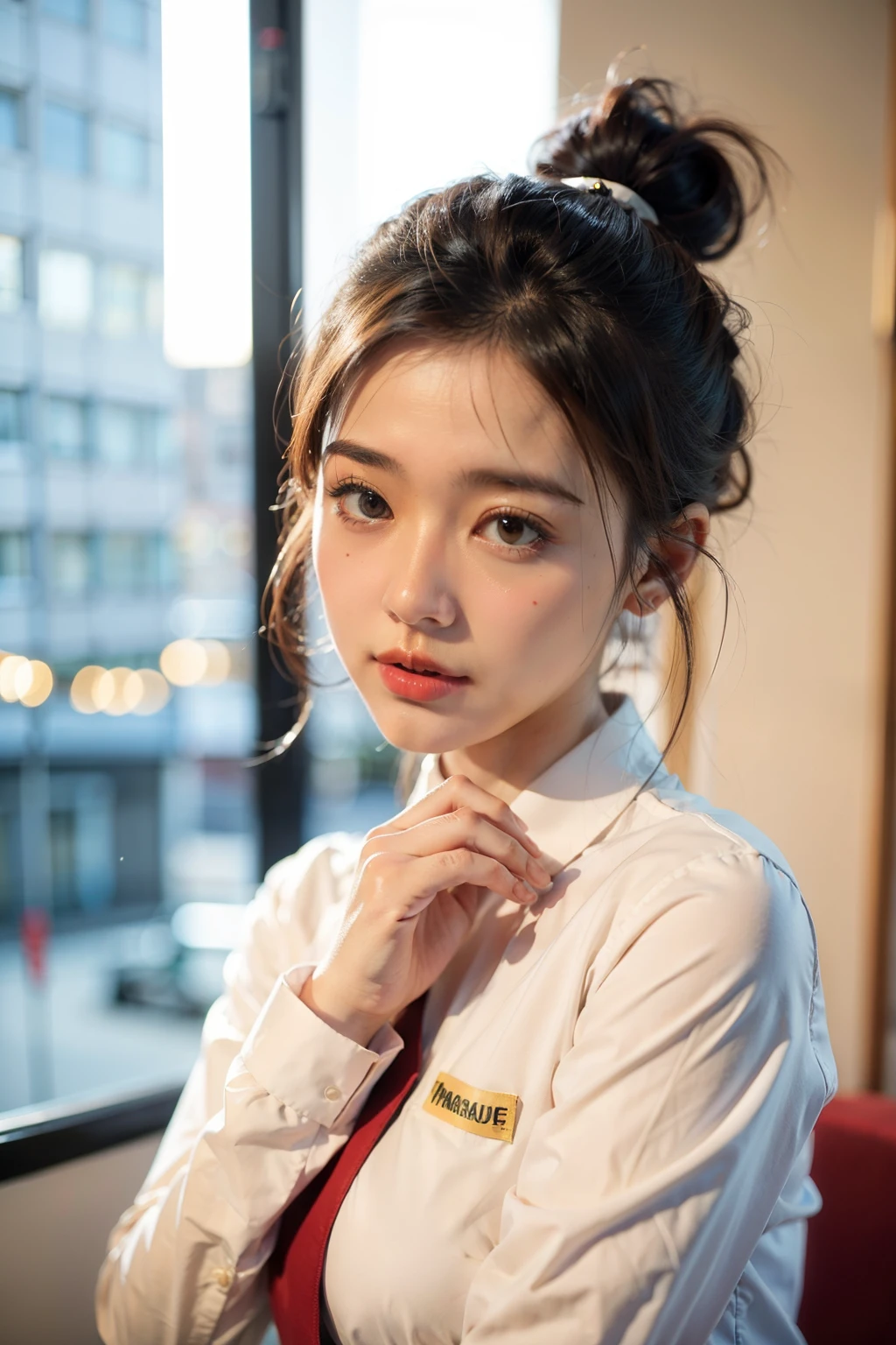 ((Best quality at best)), ((tmasterpiece)), (Detailed pubic hair), Background in office building,Female upper body,Natural round face,frontage,Singing,long sleeve work uniform,Hair tied up,中景 the scene iackground bokeh