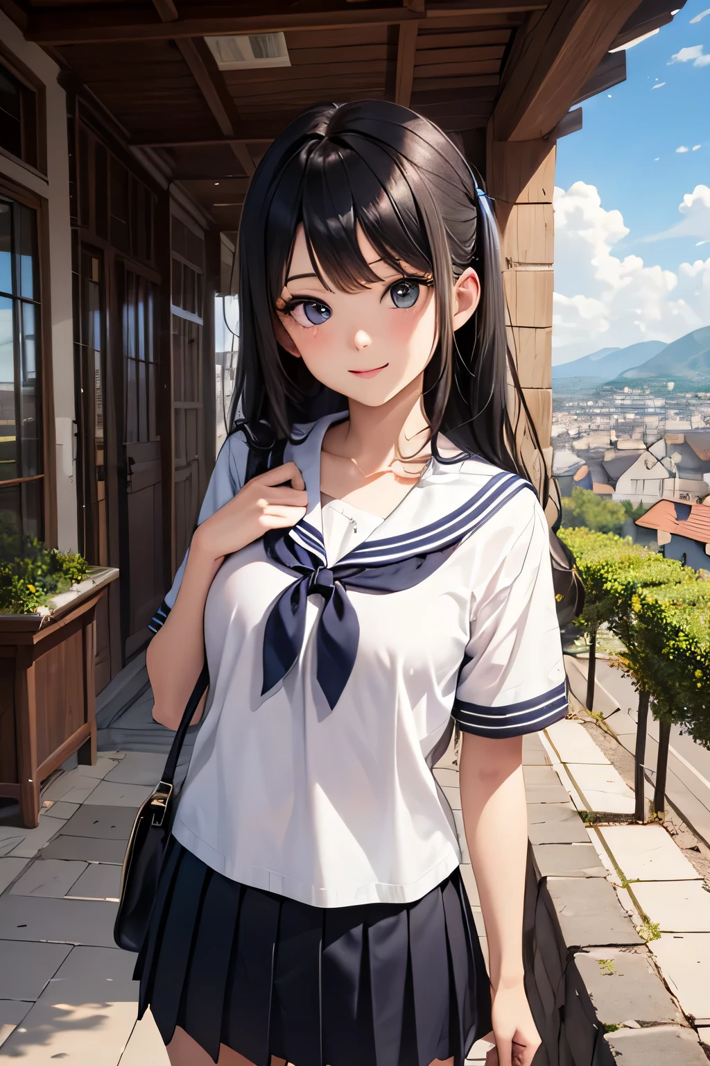 Very cute and beautiful girl,Teen,(very detailed beautiful face and eyes:1.2),Seifuku,Smile,(Navy blue pleated mini skirt),
Cowboy Shot,(Skirt lift,White panties),Dynamic Angle,Looking at Viewer,
many european houses with red roofs,(Town overview:1.2),Narrow river and distant stone bridge,Detailed landscapes,
Black hair,(Best Quality,masutepiece:1.2),Intricate details,Extremely detailed,8K resolution,Solo,Natural lighting,
Hair fluttering in the wind,Beautiful detailed sky,