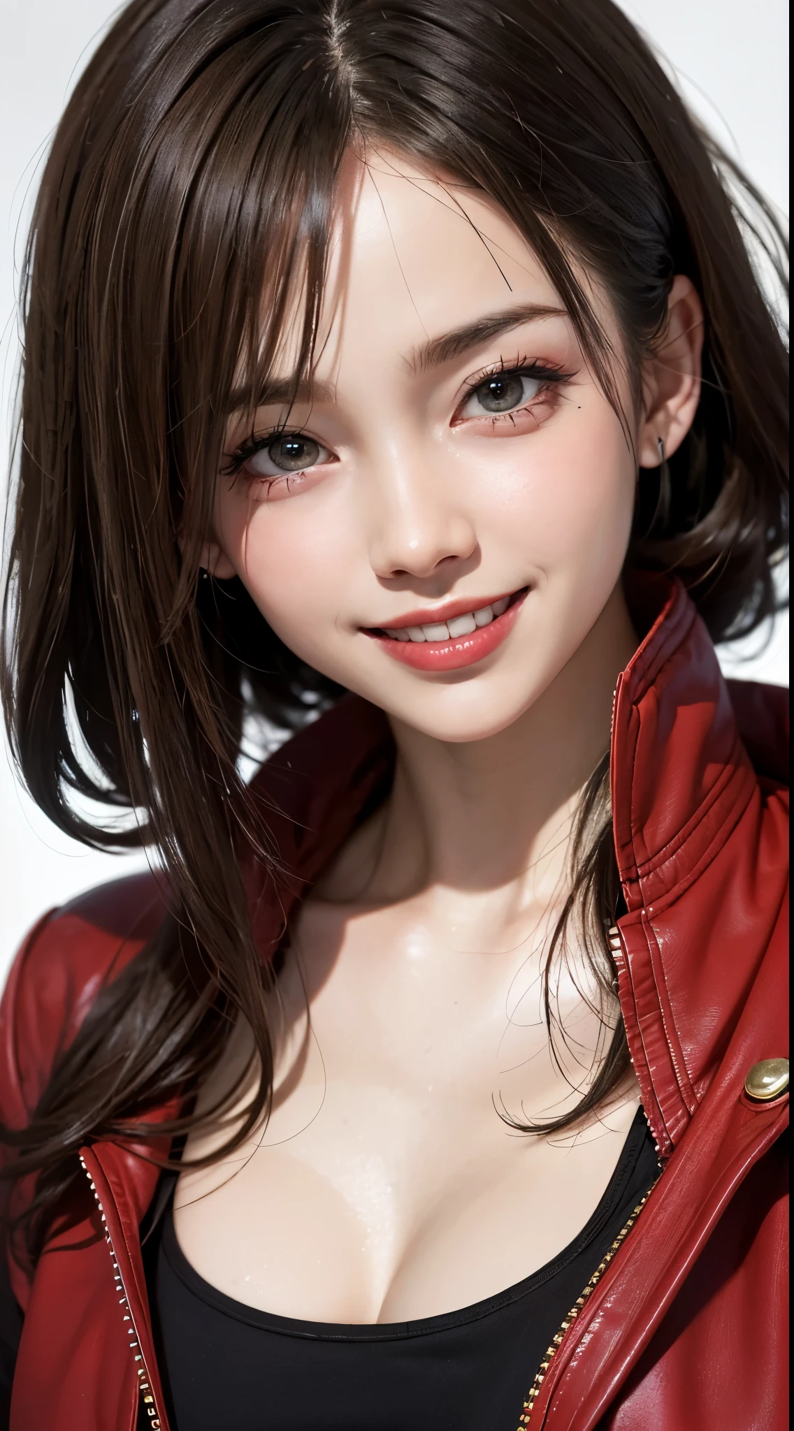 (UHD, retina, masterpiece, accurate, anatomically correct, textured skin, super detail, high details, high quality, best quality, high res, 1080P, HD, 4K, 8k, 16k), (beautiful detailed eyes, beautiful detailed lips, extremely detailed eyes and face), studio lighting, physically-based rendering, vivid colors, (large breasts, glamorous body), (red military jacket:1.5), (black tank top), (portrait, blonde hair, shiny hair, shiny skin, blush), (bokeh), eye reflection, (smile and laugh:1.5),