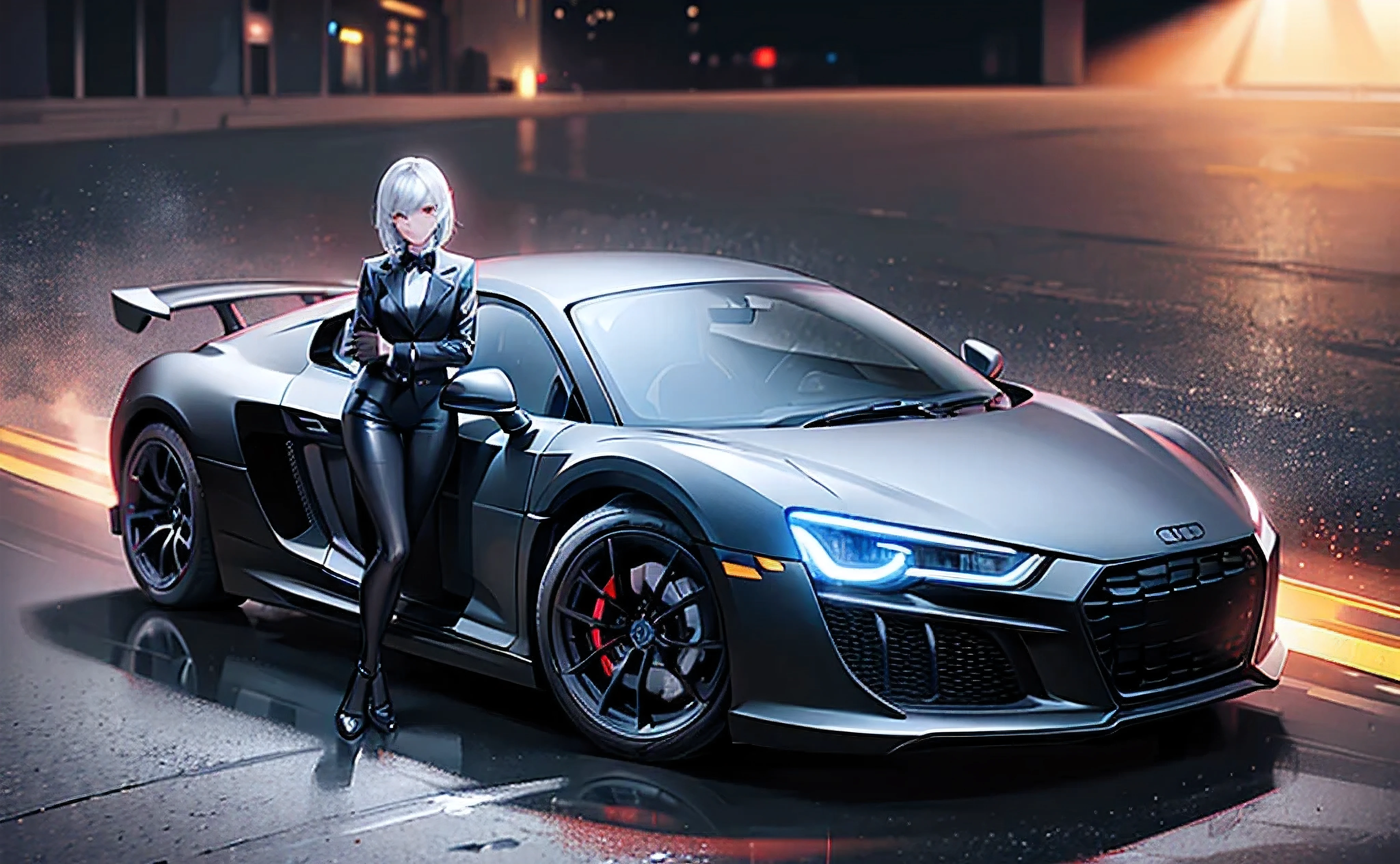 (afternoon,1girl,2cars,black suit,black car,clean spoiler,extremely detailed,glowing lights,cool car,car under glow,race track,Audi R8,R8),(best quality,4k,8k,highres,masterpiece:1.2),ultra-detailed,realistic:1.37,studio lighting,vivid colors,portraits