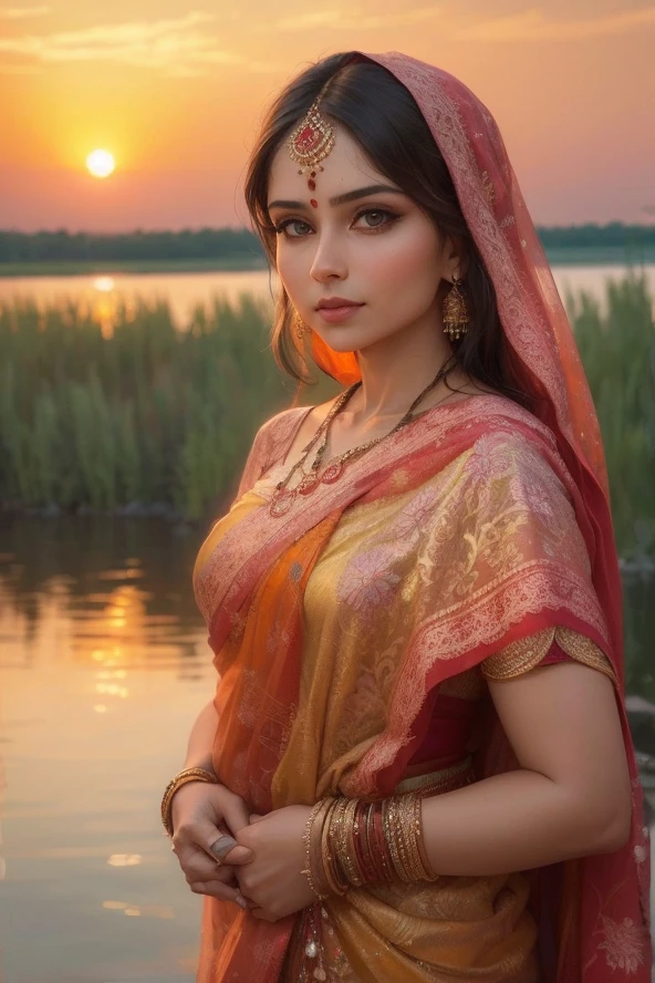 Generate a portrait of a stunning Russian Hindu woman by the banks of the Volga River, draped in a vibrant silk saree with intricate patterns. Enhance the image with the reflection of the setting sun on the water, creating a warm and enchanting atmosphere.