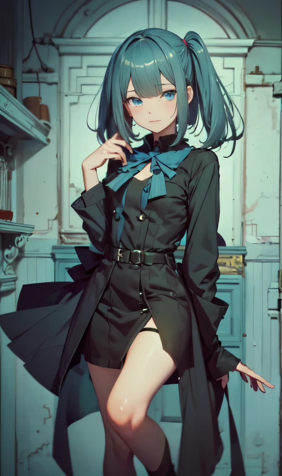 blunt bangs、bob cuts、monochromes、grayscales、Onepiece、dishevled hair、slovenly、Cross-eyed、Drunk、Turned、( Silly / Sexual ecstasy)、Turned、eye glass、top-quality, Photorealistic, An ultra-fine illustrations, beautiful attractive anime girl, miku hatsune, Slender body, Tied hair, one girls, a photo of girl, Full body shot, Beautiful blue eyes, Turned,