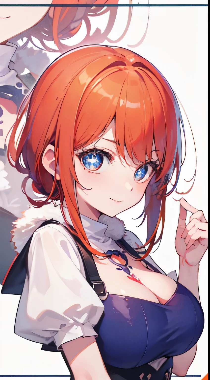 18 year old beautiful girl, blue big eyes, Petite and slender、slightly large breast, ((scarlet orange hair,)),(Loose fluffy short braided hair), in 8K, of the highest quality, (Highly detailed head: 1.0), (Very detailed face: 1.0), (very detail hair: 1.0),(Obscene costumes)、sexy tattoo, Detailed official artwork, anime moe art style, clean detailed anime art, Cool smile