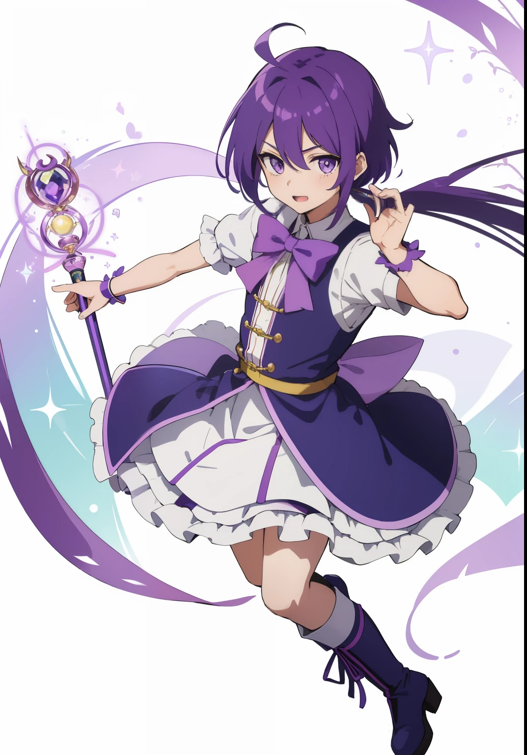 Anime boy in a purple costume with a purple ribbon and a white and purple dress,   holding a pudica pose, Magical Boyのスタイル, Magical Boy, Sweet sweet, Magical Boyの肖像, , boy with very short purple hair, zerochan art, Boy with Purple Eyes, poneyTail, official fan art, high quality fan art, きらめくMagical Boy, Cure, Purple boots, [ Tarot Cards ]!!!!!, Yami Yugi is cool,