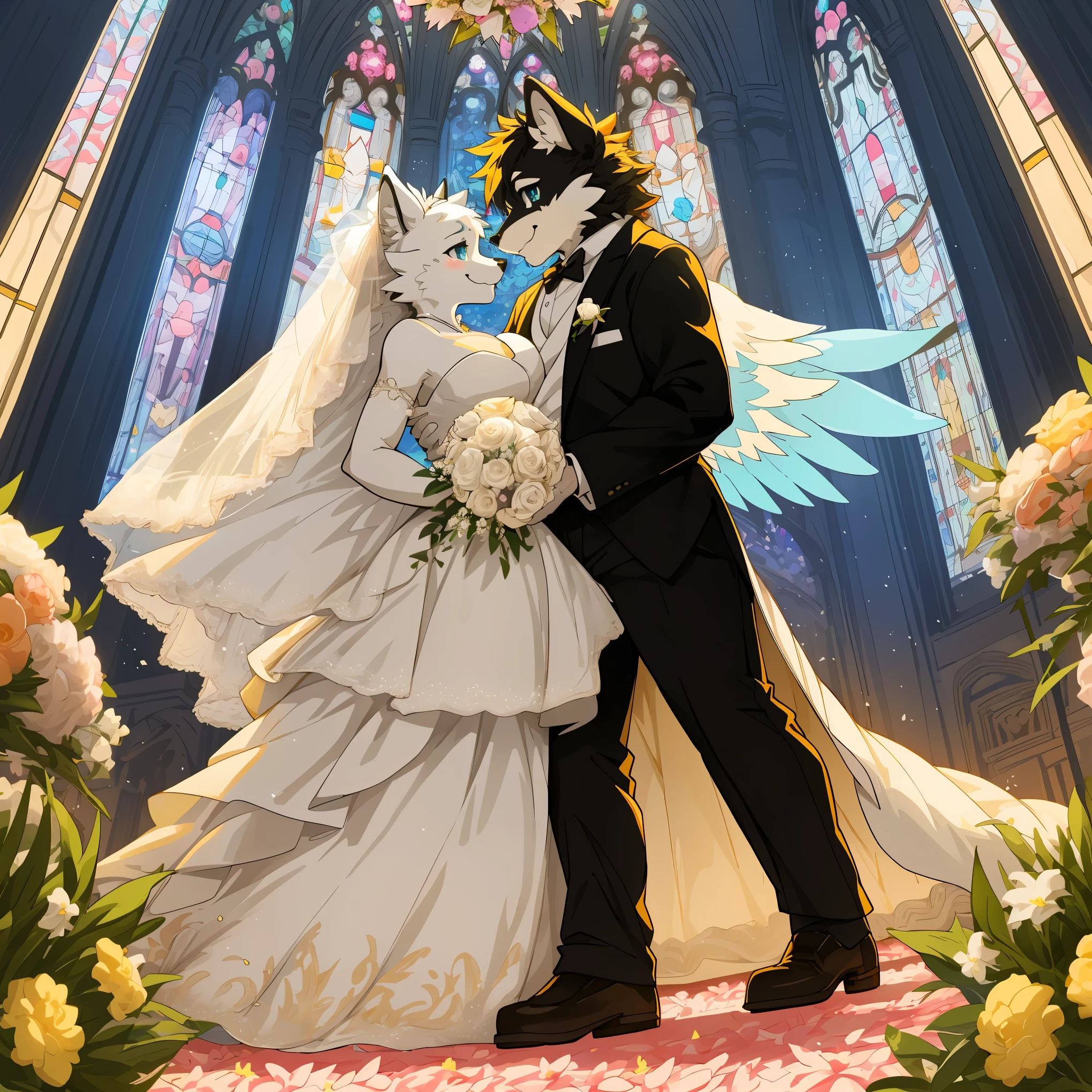 Top quality, ultra-fine illustrations(associations, colorful stained glass with shimmering light, kaleidoscope, wedding aisles lined with jewel-like lamps)(very detailed and beautiful faces, very detailed and beautiful eyes, eyes with lively brilliance)absurdres, perfect anatomy(angelic cute 1girl, kemono, angelic handsome 1boy, couple)(happy wedding, husband in tuxedo, beastman wife in wedding dress, husband hugging wife's shoulders, Two people staring at each other and smiling, wedding photo, bouquet of beautiful flowers, shining wedding ring on ring finger)(furry anthro:1.7)(furry body, animal face features, animal body features)(very detailed fur)full body, smile (dynamic pose),