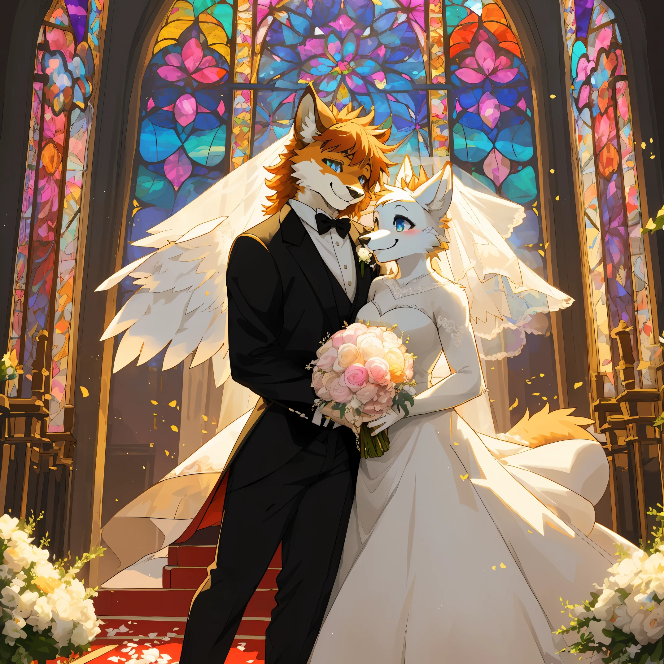 Top quality, ultra-fine illustrations(associations, colorful stained glass with shimmering light, kaleidoscope, wedding aisles lined with jewel-like lamps)(very detailed and beautiful faces, very detailed and beautiful eyes, eyes with lively brilliance)absurdres, perfect anatomy(angelic cute 1girl, kemono, angelic handsome 1boy, couple)(happy wedding, husband in tuxedo, beastman wife in wedding dress, husband hugging wife's shoulders, Two people staring at each other and smiling, wedding photo, bouquet of beautiful flowers, shining wedding ring on ring finger)(furry anthro:1.7)(furry body, animal face features, animal body features)(very detailed fur)full body, smile (dynamic pose),
