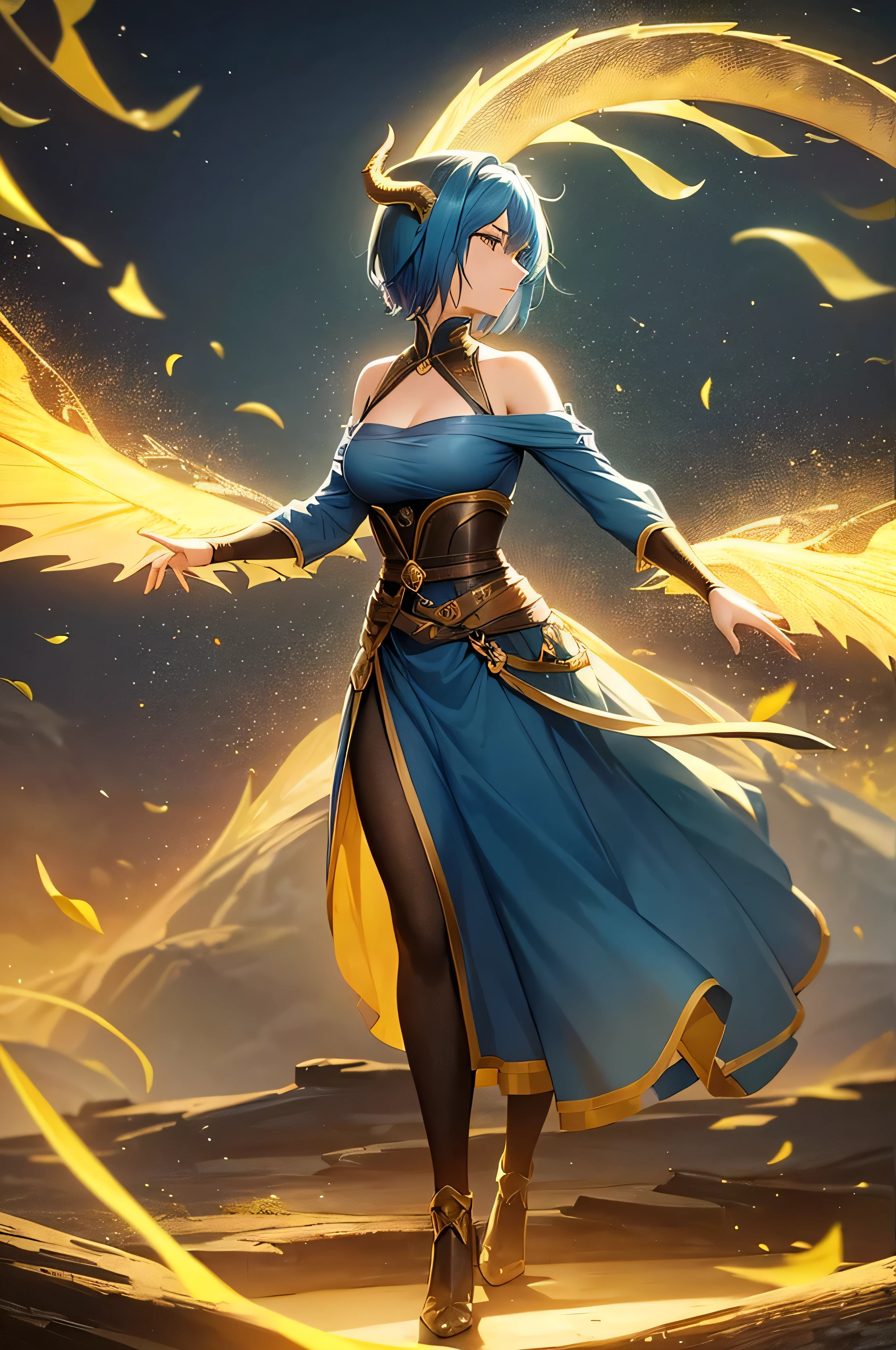young woman, short hair, cabelos azuis, flowing hair, olho amarelo, dragon horns, beautiful face, corpo inteiro, corpo inteiro, foto do perfil, luz lateral, medieval setting, flores voadoras, Qualidade HD, Qualidade 4k, fundo claro 8k, luz dourada, energy particles