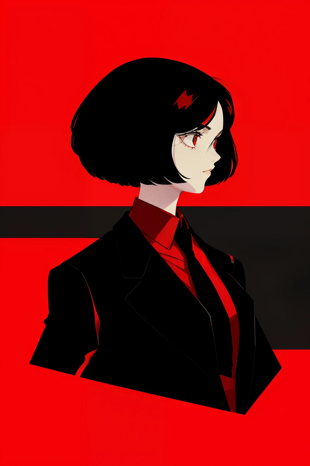a 1girl, body complet, very detail, a lot of details, very extremely beautiful, ((tmasterpiece, minimalism)), (Short Hair Hair), black necktie, Red shirt, Dark colors, (looks into the distance, red coat, Very sad)