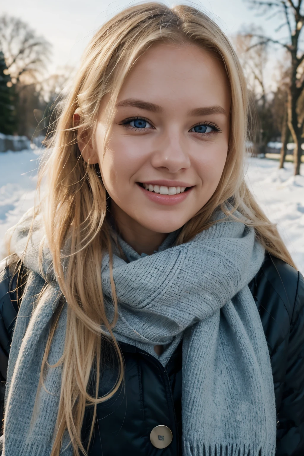 do a selfie, realistic skin, skin realistic, having a walk with dog, evening, winter, winter outfit, scarf, cute smile with beautiful teeth, young and cute face, chubby, best quality, Meisterwerk, Realistisches Foto, Komplizierte Details, RAW-Foto, Ultra-detailliert, blondes haar, cute face, Körpchengröße B, blondes Haar, perfekte und blaue Augen, HD quality, 8K, young woman, 20 Jahre alt