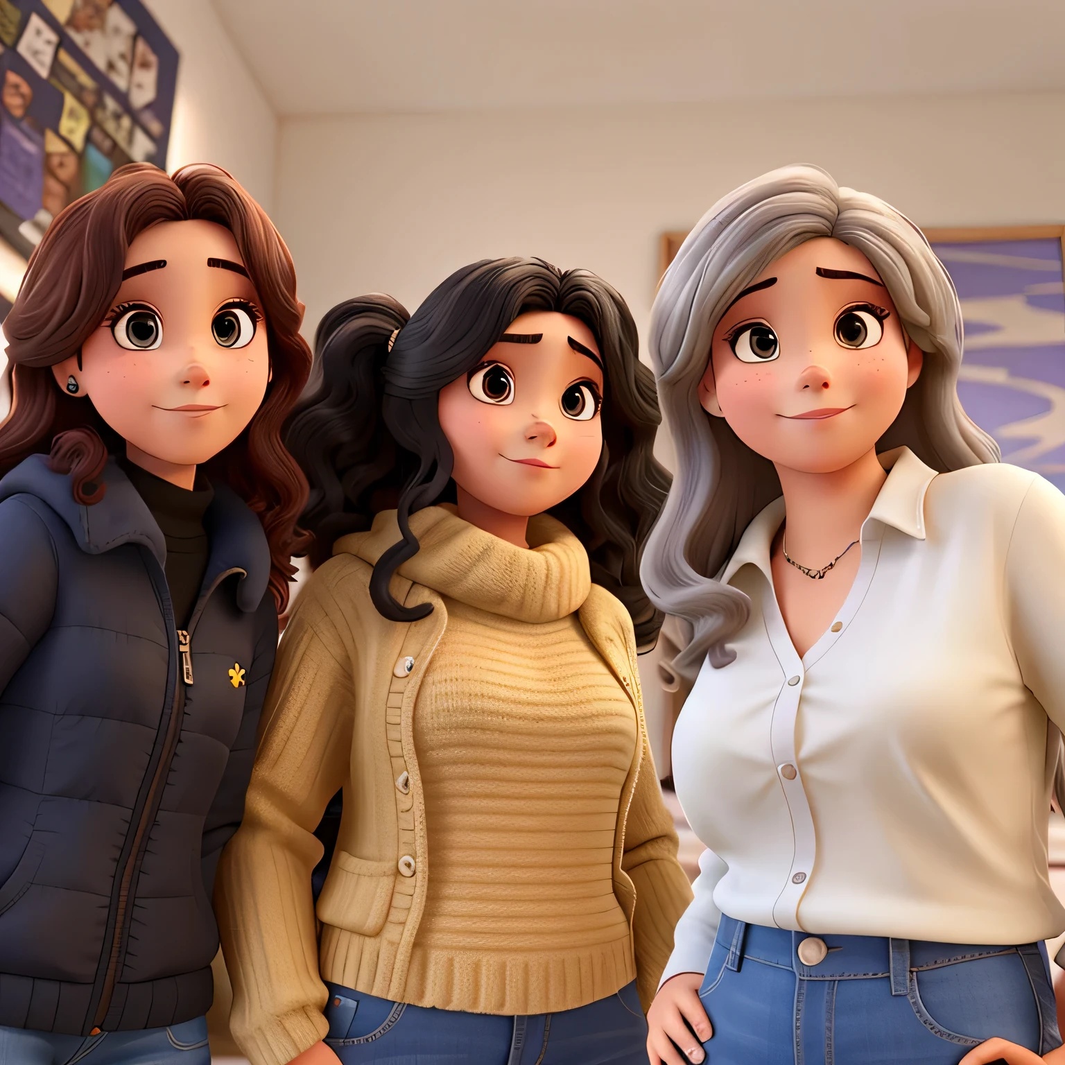 Estilo Pixar, alta qualidade, three girls, a menina do meio tem o cabelo preto, a menina da camisa branca tem o cabelo loiro