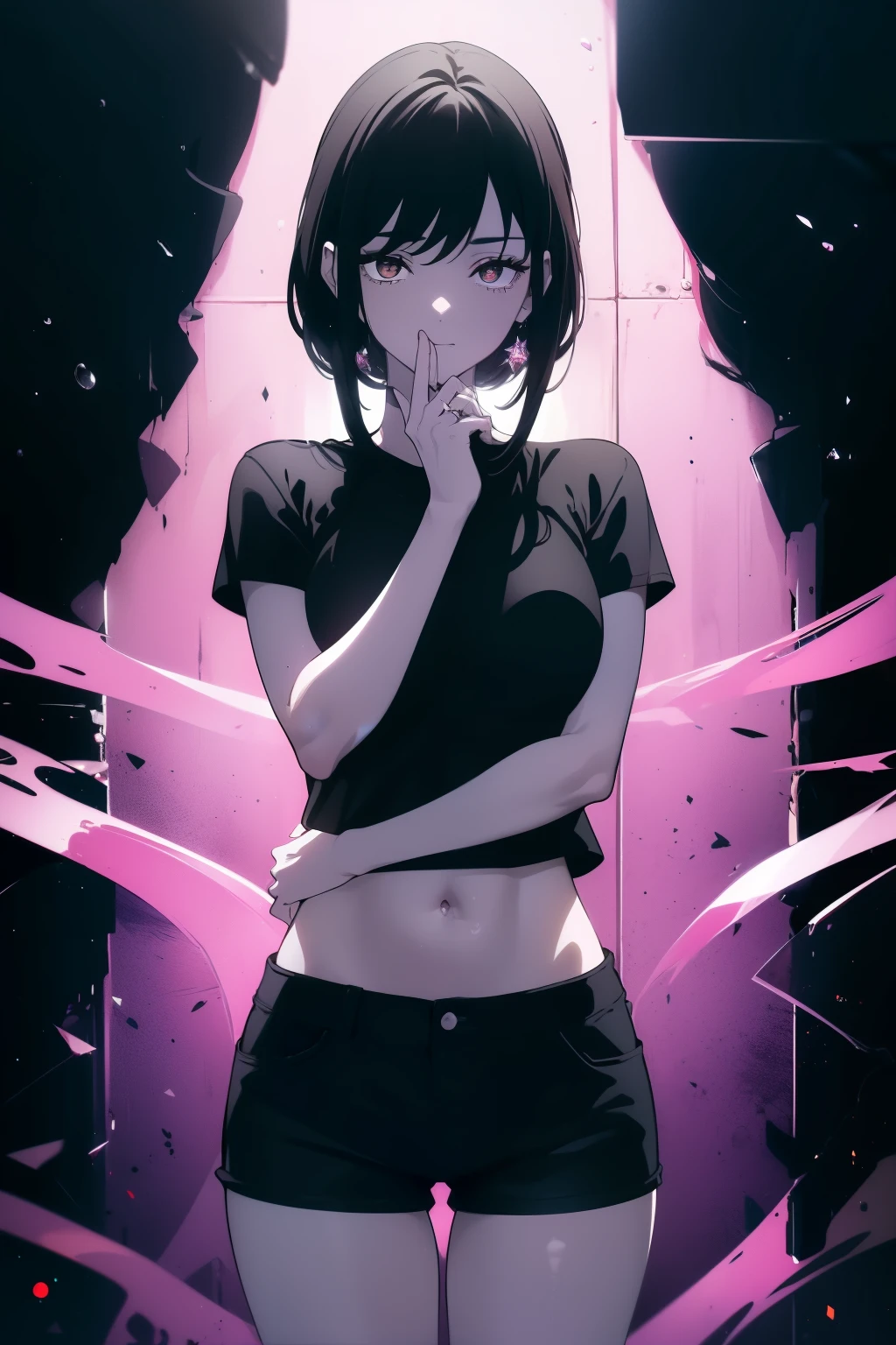 ((((Obra maestra, La mejor calidad, ultrahigh resolution)))), a clear view of a happy looking girl standing in a club waiting for someone)), (black t-shirt, jean shorts, black hair, long dark black hair), pale skin, ((brown eyes)), (glowing_eyes), ((ultra detailed eyes:0.7, beautiful and detailed face, detailed eyes:0.9)), ((centered)), ((over joyed expression)), ((wide shot)), facing viewer, ((indoor party, purple and black lights, black dancing silhouettes:0.9)), medium breasts, looking at viewer, ((perfect hands)), (((head:1, arms, mid section, hands, elbows, thighs, in view))), lively eyes, beautiful lighting, background, ((defined subject)), 25 years old, (head tilt), (((cool))), ((lively)), (((chic pose)))