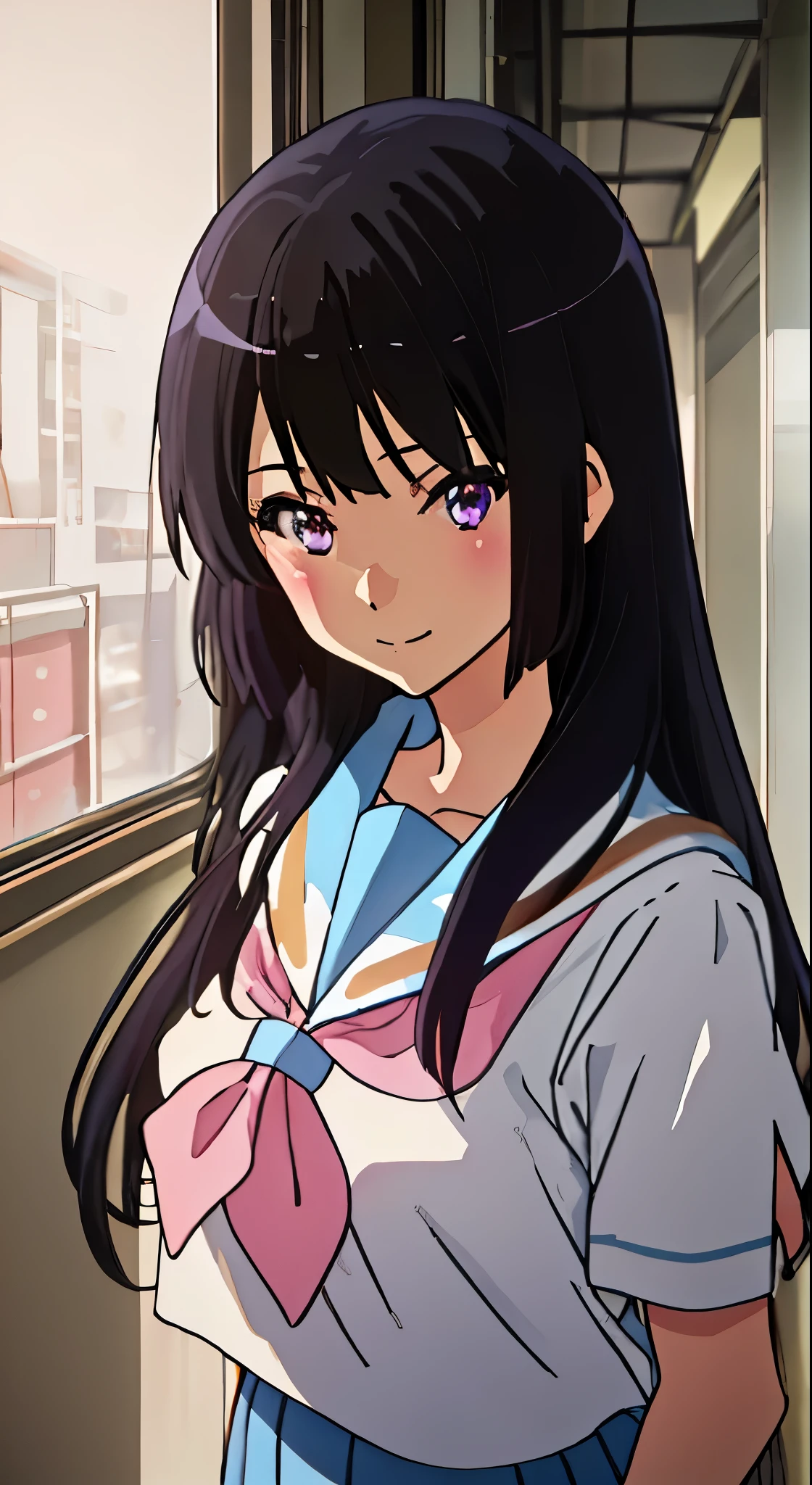 Best Quality, masutepiece, highres, Solo, {kousaka_A queen_Sound Euphonium:1.15}, Black_hair, long_hair, Purple_Eyes, blush, Bangs, Closed_Mouth, serafuku, Blurry, 1girl in, brown_Shirt, Hokuyuji Temple_high_School_uniform, up looking_で_viewer, neckerchief, sailor_Collar, School_uniform, Shirt, white_sailor_Collar, A smile、 Red_neckerchief