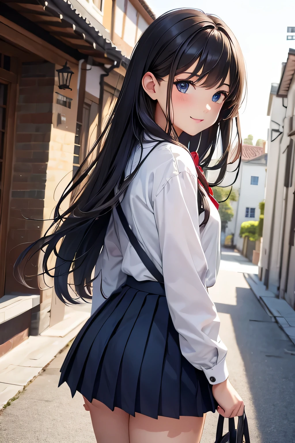 Very cute and beautiful girl,Teen,(very detailed beautiful face and eyes:1.2),Seifuku,Smile,(Navy blue pleated mini skirt:1.15),
Cowboy Shot,(Looking back,from behind),Leaning forward,From below,White panties,
many european houses with red roofs,(Town overview),Detailed landscapes,
Black hair,(Best Quality,masutepiece:1.2),Intricate details,Extremely detailed,8K resolution,Solo,Natural lighting,
Hair fluttering in the wind,Beautiful detailed sky,