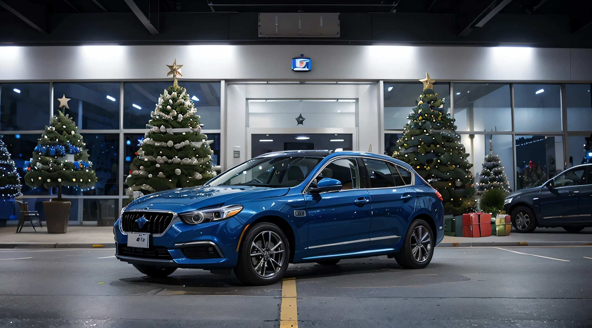 blue Christmas tree with lots of rental car nearby