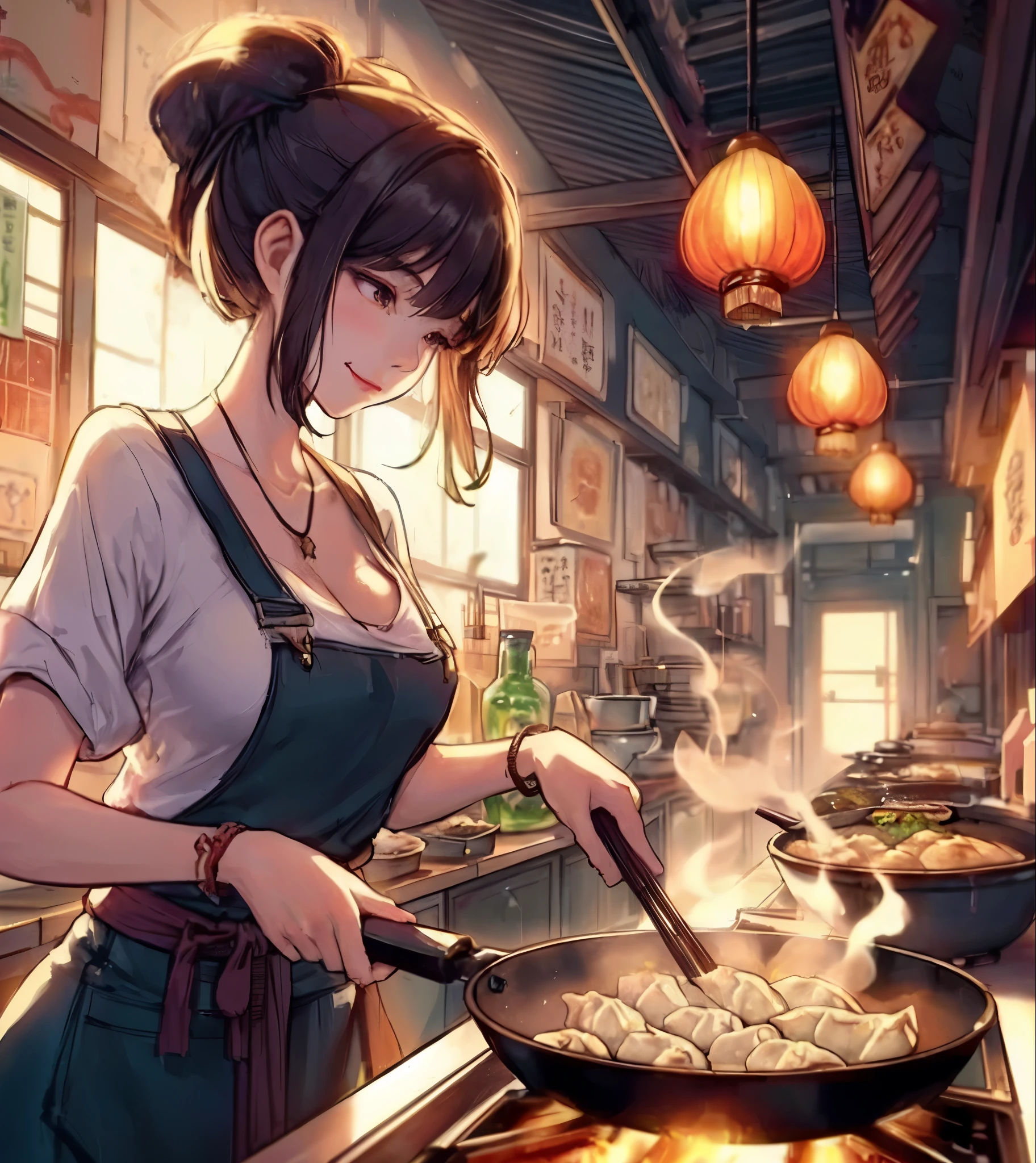 1lady solo, (cooking (gyoza dumplings):1.2), chef (stylish outfit) apron, mature female, /(black hair/) bangs, light smile, (eyes filled with concentration), (masterpiece best quality:1.2) delicate illustration ultra-detailed, large breasts BREAK (dumplings on the pan:1.1) (arranged in a spiral:1.1), baked, sizzle BREAK (Chinese restaurant kitchen) indoors, vegetables, bottles of spices