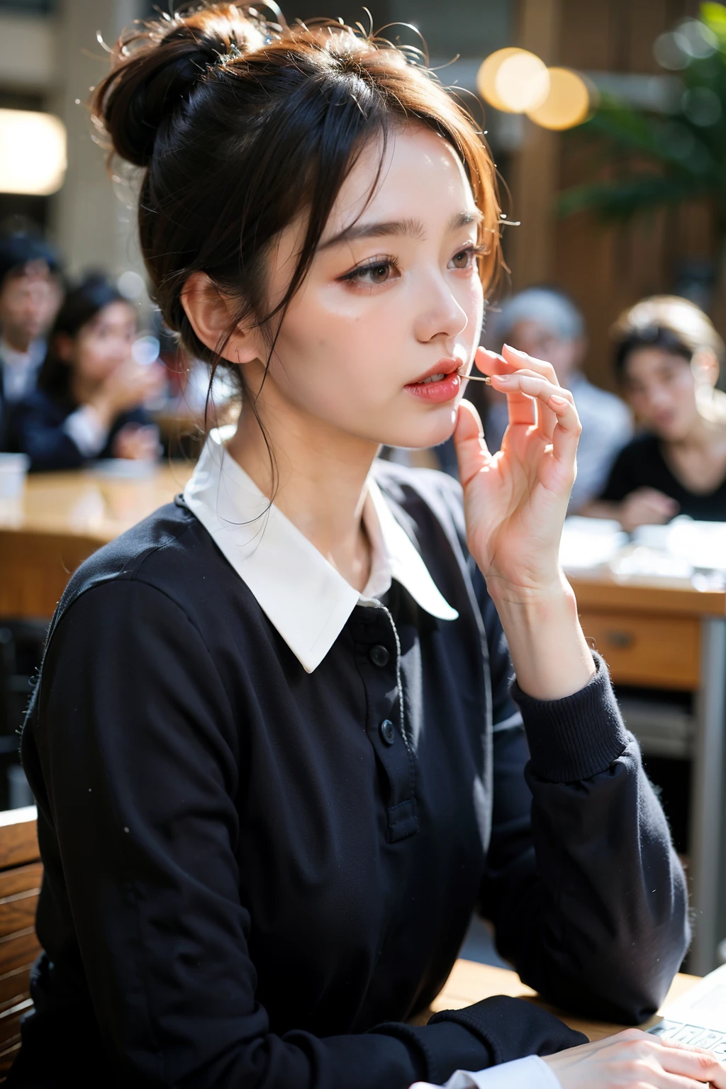 ((Best quality at best)), ((tmasterpiece)), (Detailed pubic hair), Background in office with people working,Female upper body,Natural and gentle face,frontage,Singing,long sleeve work uniform,Hair tied up,中景 the scene iackground bokeh
