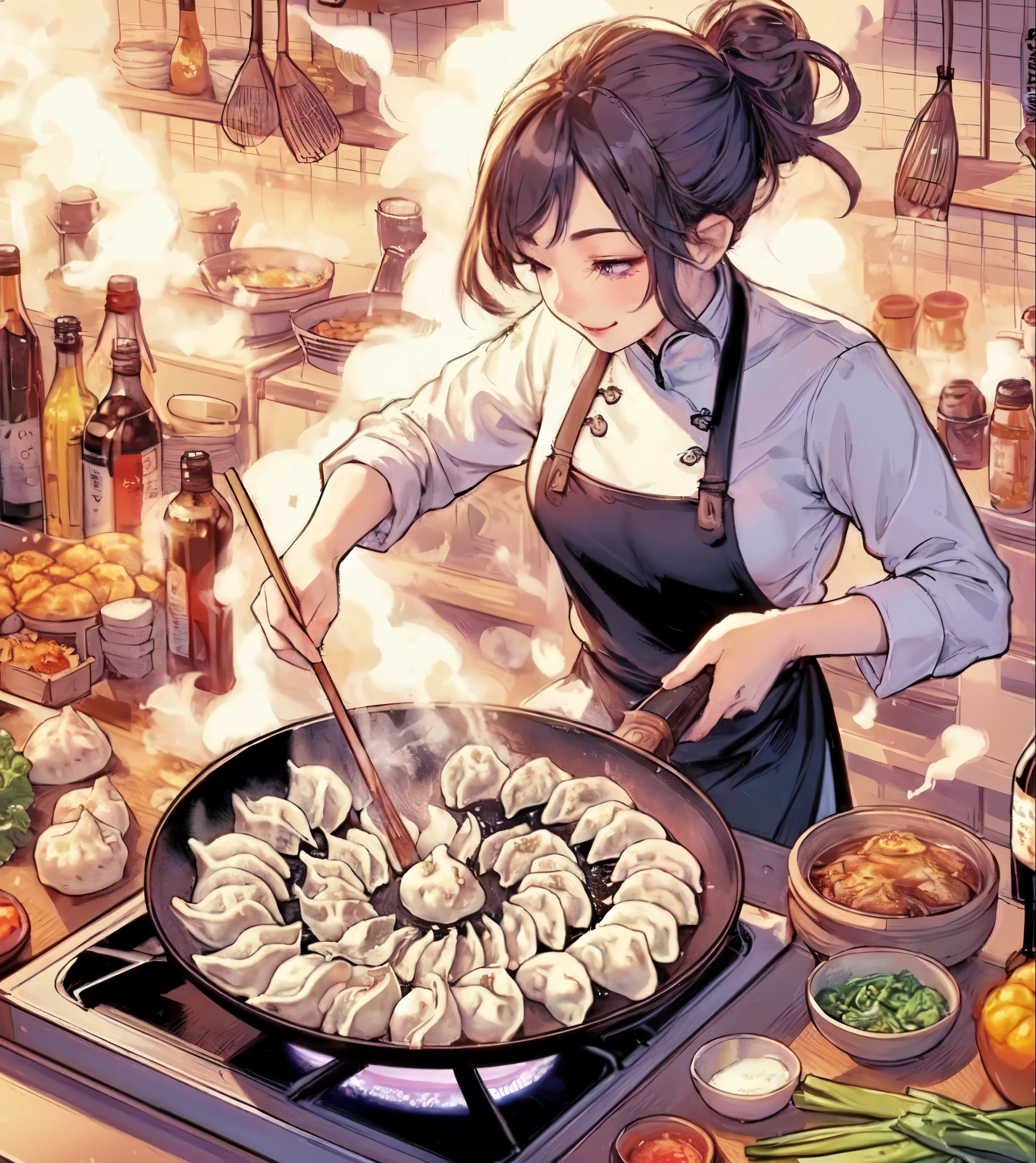 1lady solo, (cooking (gyoza dumplings):1.2), chef (stylish outfit) apron, mature female, /(black hair/) bangs, light smile, (eyes filled with concentration), (masterpiece best quality:1.2) delicate illustration ultra-detailed, large breasts BREAK (dumplings on the pan:1.1) (arranged in a spiral:1.1), baked, sizzle BREAK (Chinese restaurant kitchen) indoors, vegetables, bottles of spices