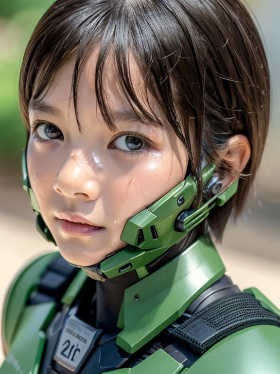 Textured skin, Super Detail, high details, High quality, Best Quality, hight resolution, 1080p, hard disk, Beautiful,(War Machine),beautiful cyborg woman,Dark Green Mecha Cyborg Girl,Very Shorthair、sweaty brown eyes、Sweaty face、Bitter expression Drooling from the mouth Moist eyes Elementary school girls Looks spicy (The limit of patience) crouch down squatt The vagina is visible