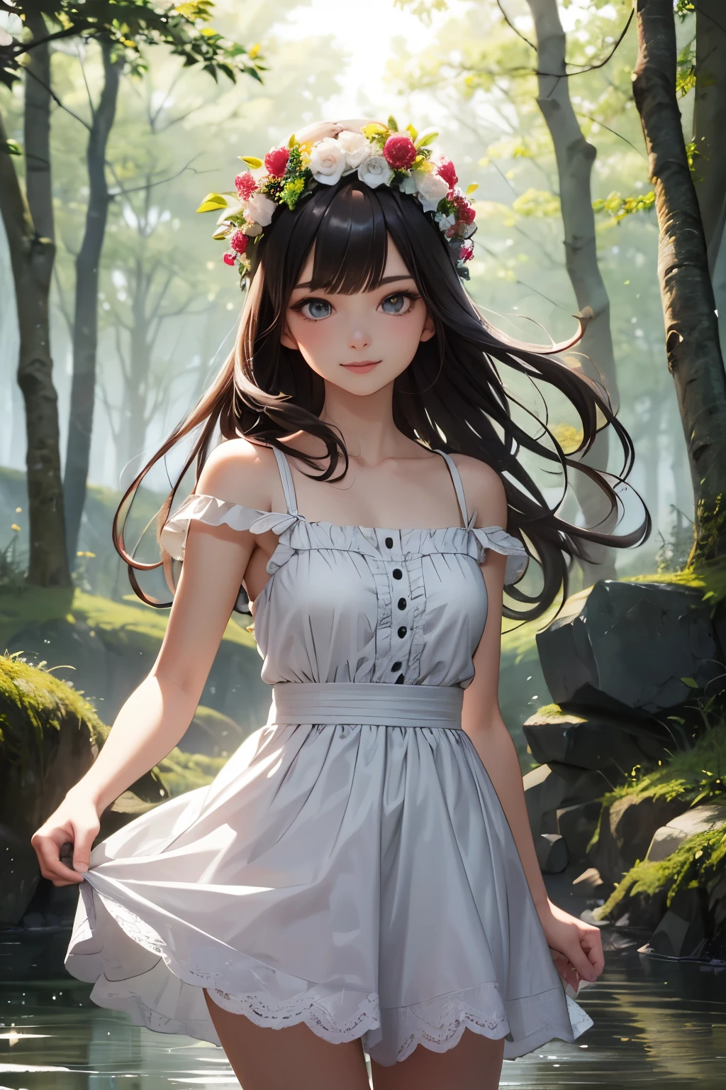 A girl in a dress is standing in a stream with flowers in her hair ...
