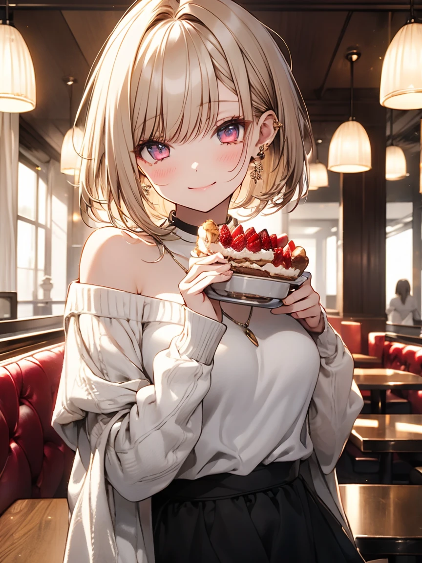 masterpiece, absurdres, best quality, ultra detailed, high Resolution, detailed illustration, extremely beautiful detailed face and eyes, bright colour, 1girl, cute face, Delicate beautiful face, yellow eyes, cute eyes, sparkling eyes, big eyes, medium breasts, (perky breasts:1.1), (pointy breasts:1.1), medium hips, glamorous body, white skin, smile, BREAK, long bob cut, (blonde hair:0.8), messy hair, detailed hair, shiny hair, BREAK off shoulder sweater, No earings, long skirt, tiny ribbon, restaurant, shortcake, real world, natural lights, perfect lighting,