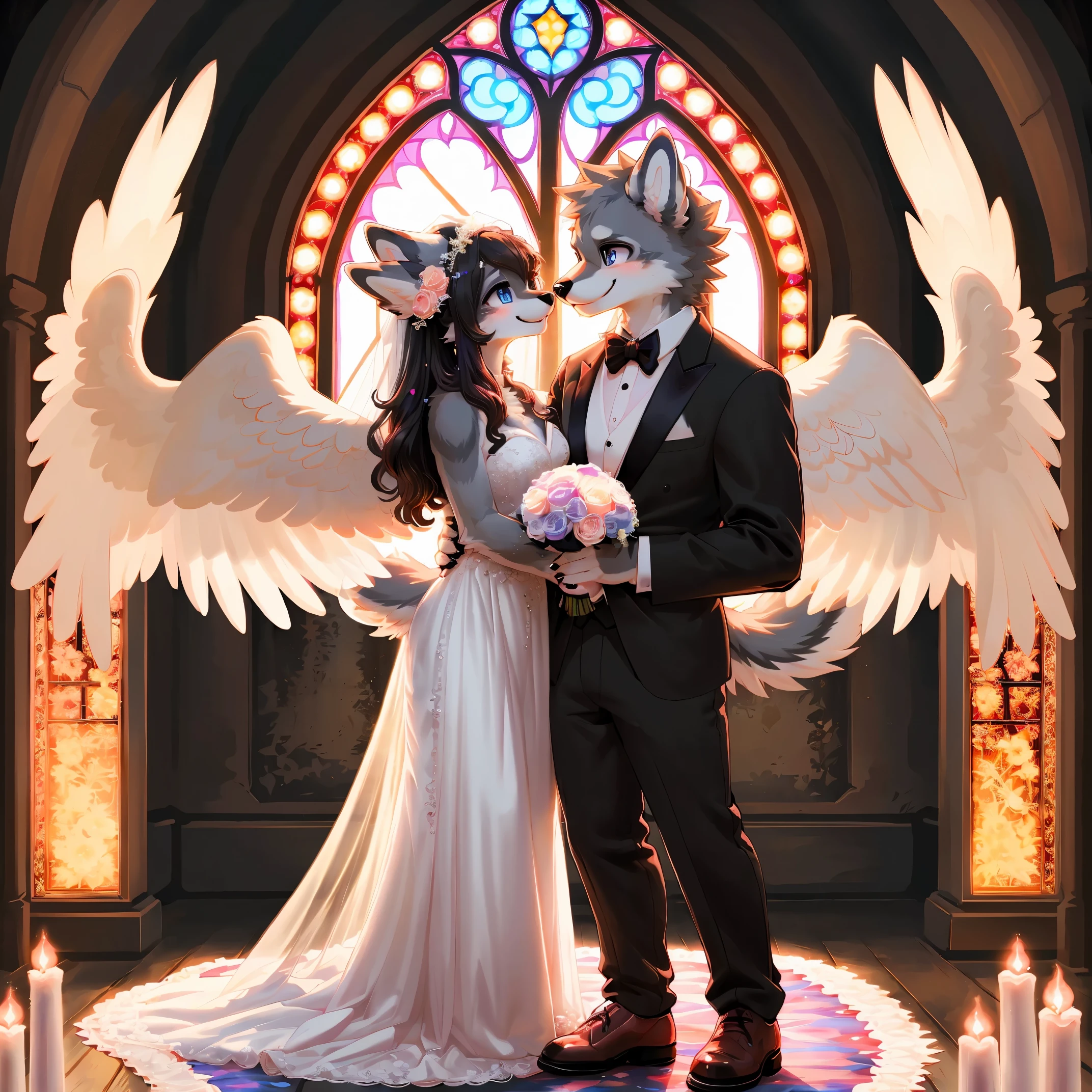 Top quality, ultra-fine illustrations(associations, colorful stained glass with shimmering light, kaleidoscope, wedding aisles lined with jewel-like lamps)(very detailed and beautiful faces, very detailed and beautiful eyes, eyes with lively brilliance)absurdres, perfect anatomy(angelic cute 1girl, kemono, angelic handsome 1boy, couple)(happy wedding, husband in tuxedo, beastman wife in wedding dress, husband hugging wife's shoulders, Two people staring at each other and smiling, wedding photo, bouquet of beautiful flowers, shining wedding ring on ring finger)(furry anthro:1.7)(furry body, animal face features, animal body features)(very detailed fur)full body, smile (dynamic pose),