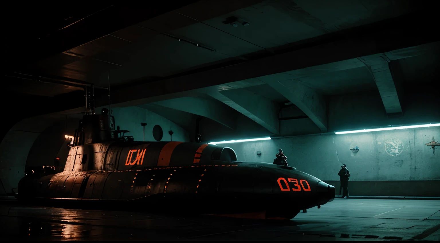 Soviet submarine, Retro-futurism, dark ton, cinematic picture