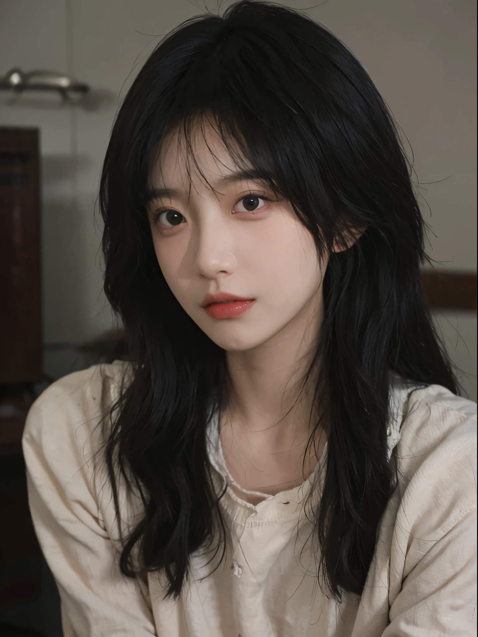 best qualtiy, 超高分辨率, (realisticlying:1.4),A woman with long black hair and a gray sweater, 中景 the scene is,,Soft portrait shot 8 K, pale round face, She has black hair,By bangs, young lovely Korean faces, wan adorable korean face, ulzzangs, Shin Jinying, beautiful aesthetic face, Korean face features, soft round face, iu lee ji-eun as a super villain, 美丽的realisticlying的脸