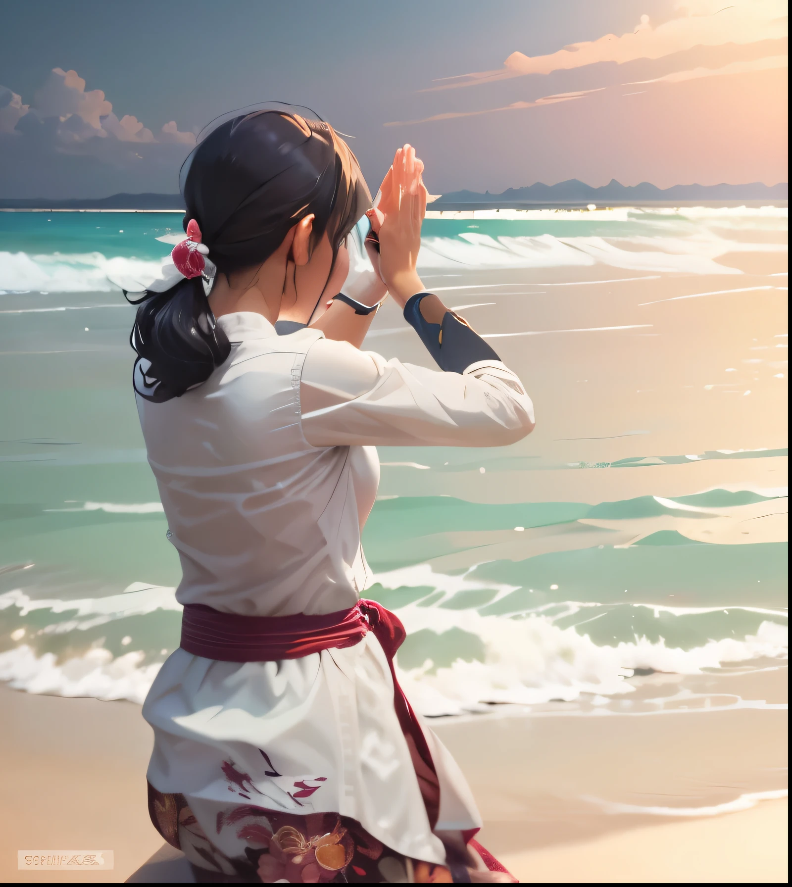 anime balinese girl praying in the beach near ocean looking the sea, wear balinese traditional cloth, anime film still, kyoto animation still, beautiful anime scene, blue sea, high quality anime movie still, ( ( makoto shinkai ) ), screenshot from the anime film, anime keyframe, today's featured anime still