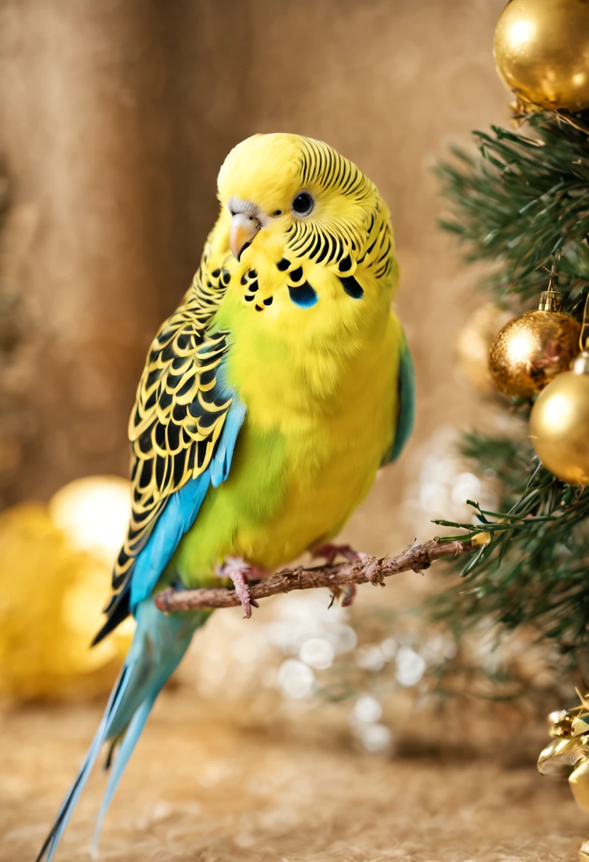 (budgie),(little bird),((The whole body is yellow)), very cute, christmas,in the room,bird photo, best quality, masterpiece, 8K