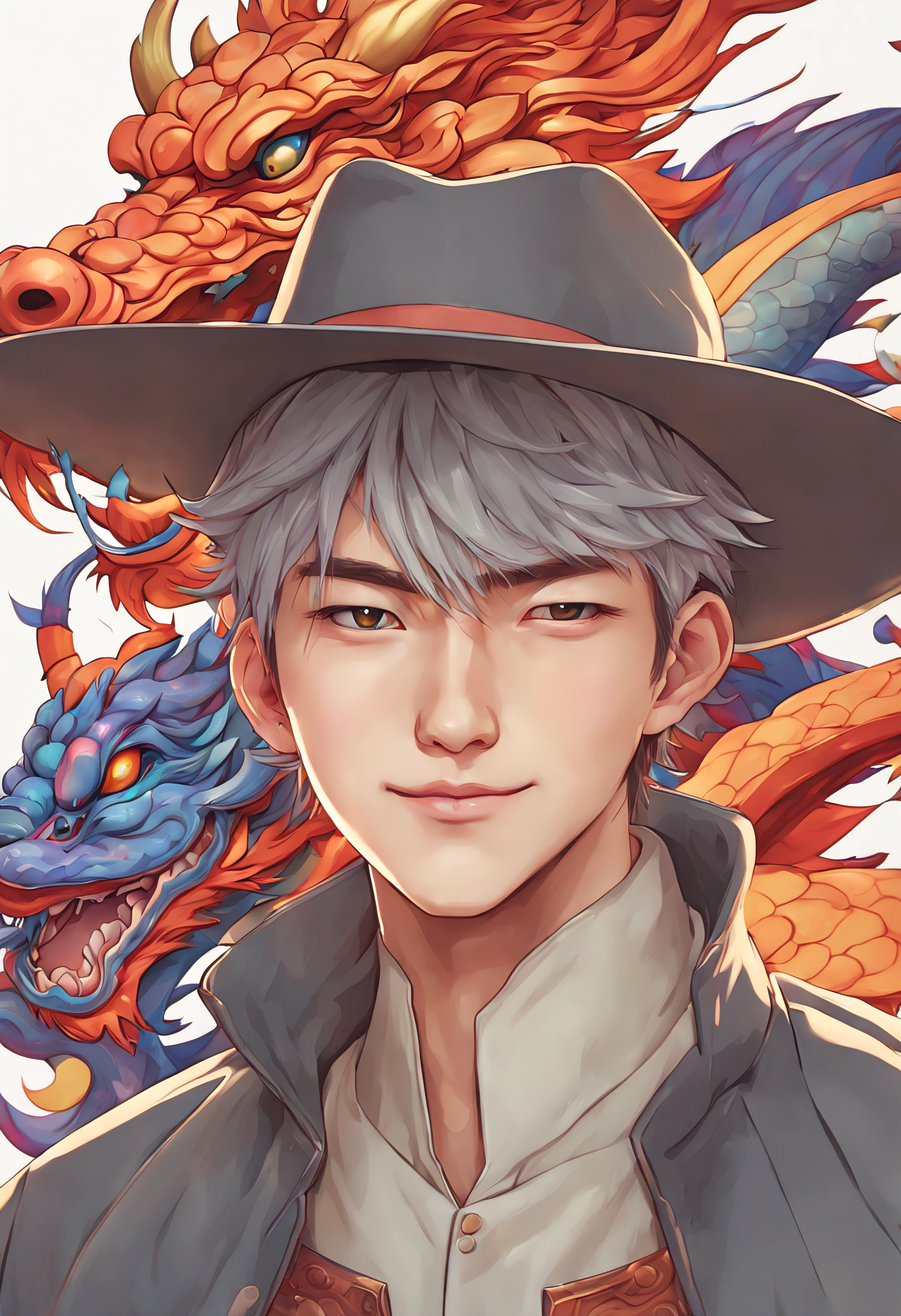 a 21 year old man, vivd colour, chinesedragon, Xiqing, New Year’s Day, muted tones, Warm color palette, Vibrant illustrations, Wall color, popmart design, metalictexture, brightened light, ultra - detailed, with gray hair, ssmile, flathead, 3D, c4d, stereograms, motionblur, dither, closeup cleavage, cow boy shot, closeup cleavage, Japanese cartoon, 8K, k hd, tmasterpiece, high qulity, high detal, Uk hd, ctextured skin