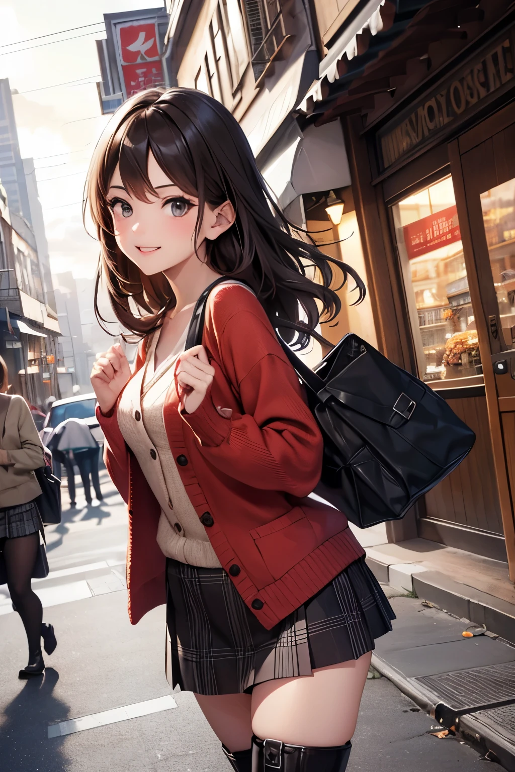 very cute and beautiful girl,teen,(highly detailed beautiful face and eyes:1.2),(gray blouse),smile,
cowboy shot,(red cardigan:1.2),long sleeve BREAK zettai ryouiki,(brown shoulder bag),(plaid brown mini skirt:1.3),
dynamic pose,dynamic angle,wavy hair,black hair,(black boots:1.2),
(Yokohama:1.2),(port town,cityscape overview:1.2),walking,shopping street,
(best quality,masterpiece:1.2),(intricate details),highres,extremely detailed,ultra-detailed,
solo,natural lighting,hair fluttering in the wind,beautiful detailed sky,