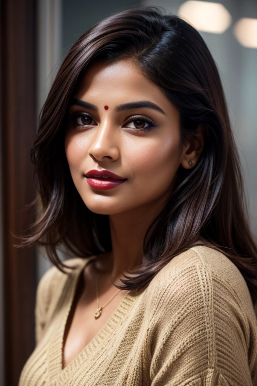 create a hyper realistic one third portrait Indian most attractive woman in her 30s, [[dense fog]], flirty gaze, beautiful face, with short dark brown hair, She is wearing a pale yellow [[Sweater Dress]] charm, [[bokeh, watercolor-like, glittering, mystic, ample breassts, 36D,]], trending on artstation, portrait, digital art, modern, sleek, highly detailed, formal, determined, colorized, smooth, charming, pretty, soft smile, dark red lipstick, soft lips, cinematic