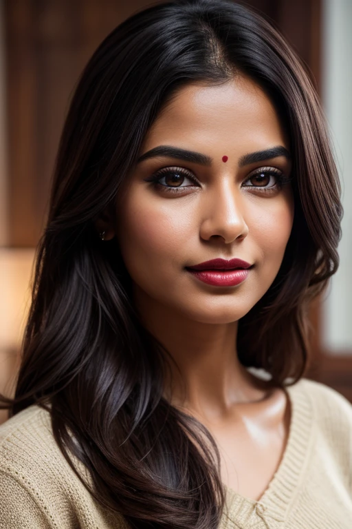 create a hyper realistic one third portrait Indian most attractive woman in her 30s, [[dense fog]], flirty gaze, beautiful face, with short dark brown hair, She is wearing a pale yellow [[Sweater Dress]] charm, [[bokeh, watercolor-like, glittering, mystic, ample breassts, 36D,]], trending on artstation, portrait, digital art, modern, sleek, highly detailed, formal, determined, colorized, smooth, charming, pretty, soft smile, dark red lipstick, soft lips, cinematic