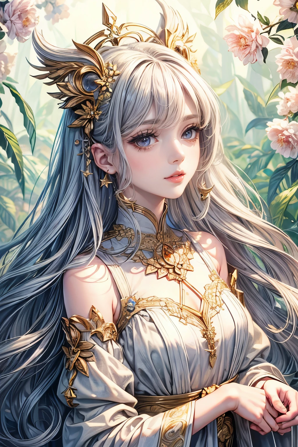 (best quality,8K,CG),detailed upper body,solitary girl,floral forest background,complex facial features,elegant long curly hair,almond-shaped big eyes,detailed eye makeup,long eyelashes,twinkling stars,exquisite lip details,soft and harmonious style.