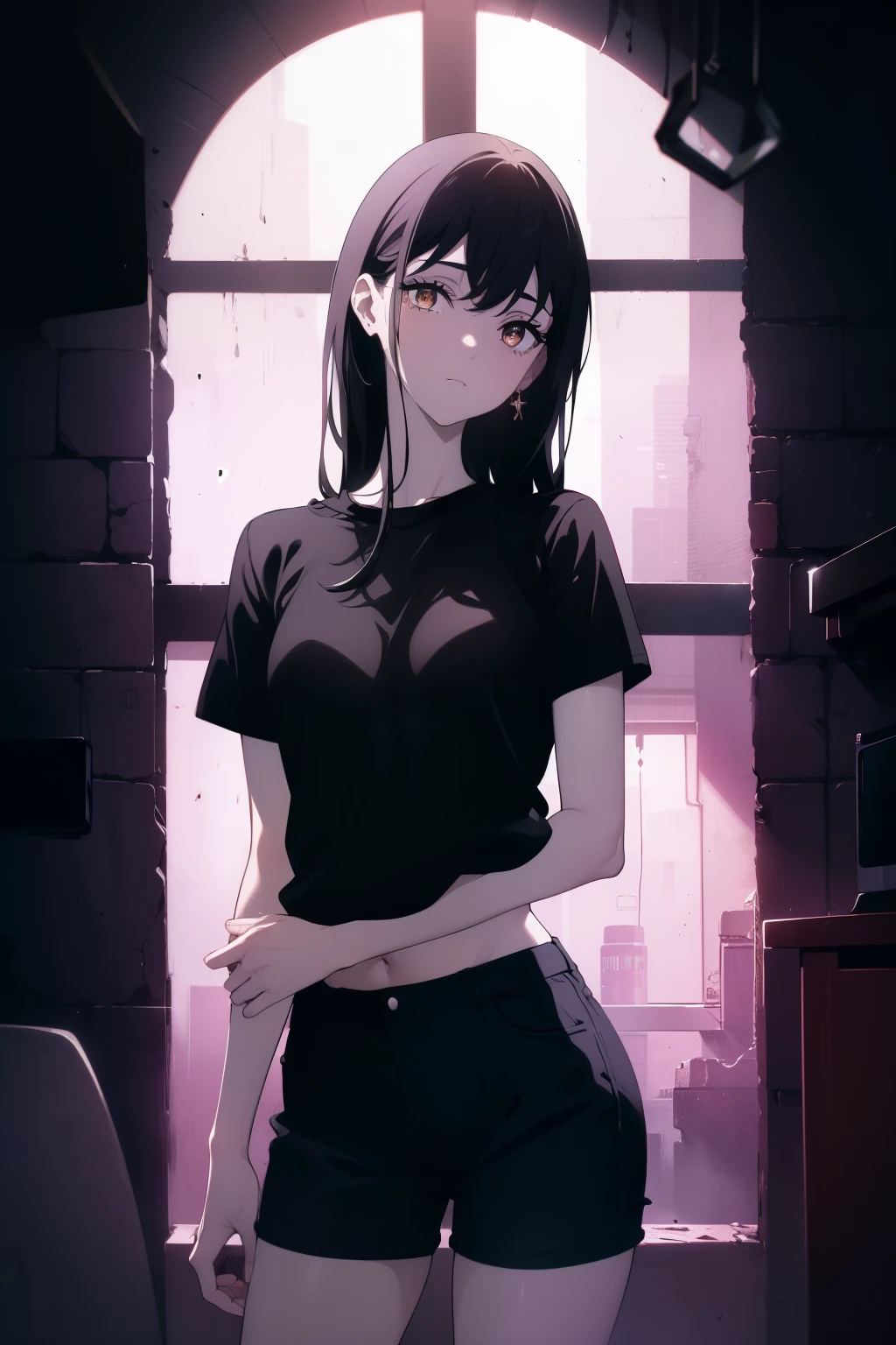 (((Obra maestra, La mejor calidad, ultrahigh resolution))), a clear view of a happy looking girl standing in a club waiting for someone)), (black t-shirt, jean shorts, black hair, long dark black hair), pale skin, ((brown eyes)), (glowing_eyes), ((ultra detailed eyes:0.7, beautiful and detailed face, detailed eyes:0.9)), ((centered)), ((over joyed expression)), ((wide shot)), facing viewer, ((indoor party, purple and black lights, black dancing silhouettes:0.9)), medium breasts, looking at viewer, ((perfect hands)), (((head:1, arms, mid section, hands, elbows, thighs, in view))), lively eyes, beautiful lighting, background, ((defined subject)), 25 years old, (head tilt), (((cool))), ((lively)), (((chic pose))), ((perfect ???????))