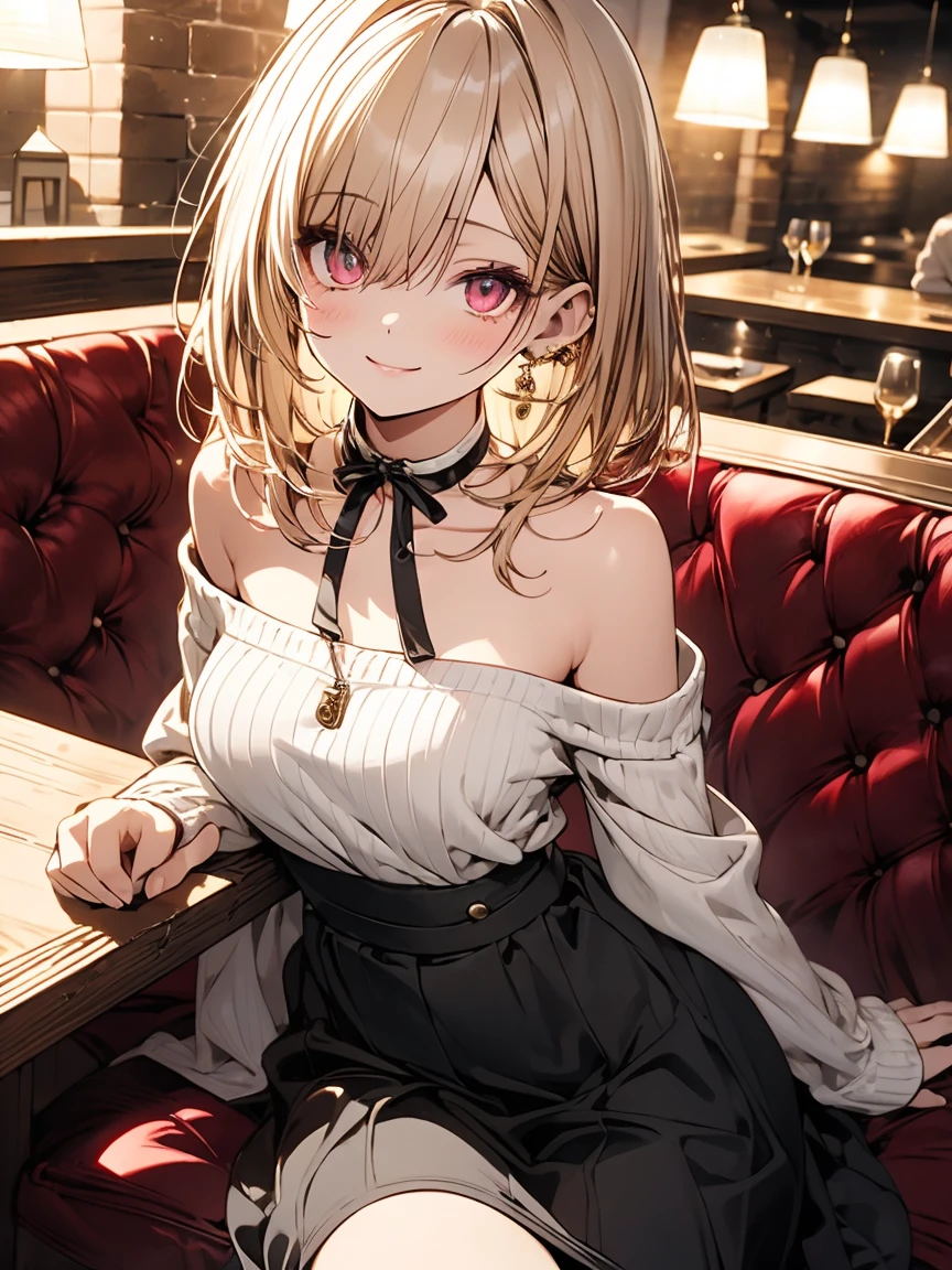 masterpiece, absurdres, best quality, ultra detailed, high Resolution, detailed illustration, extremely beautiful detailed face and eyes, bright colour, 1girl, (loli), cute face, Delicate beautiful face, magenta eyes, cute eyes, sparkling eyes, big eyes, medium breasts, (perky breasts:1.1), (pointy breasts:1.1), medium hips, glamorous body, white skin, smile, BREAK, long bob cut, (blonde hair:0.8), messy hair, detailed hair, shiny hair, BREAK off shoulder sweater, long skirt, tiny ribbon, restaurant, shortcake, real world, natural lights, perfect lighting,