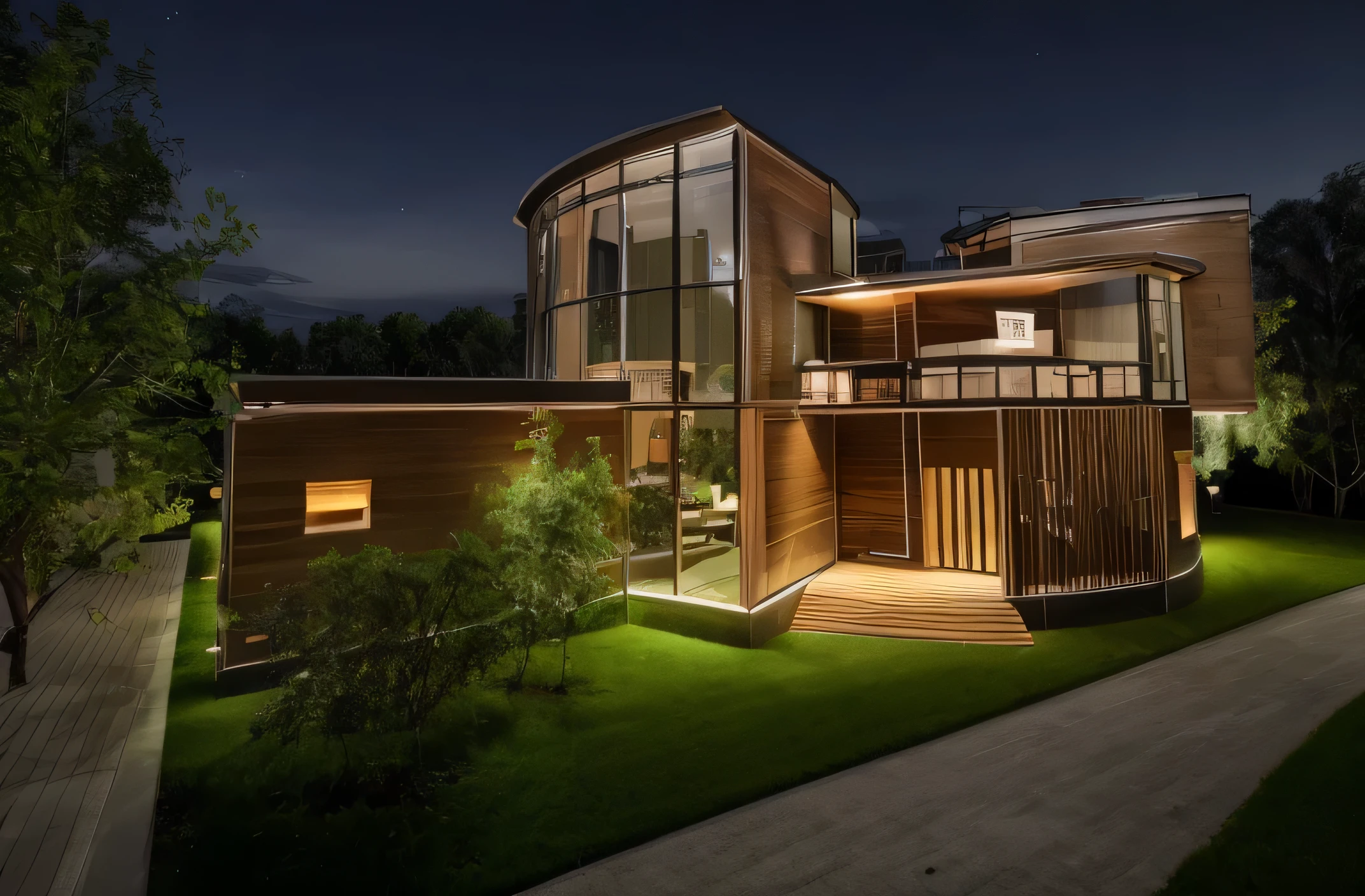 villa modern , luxury, natural, beautiful night, grass, glass, wood, brick