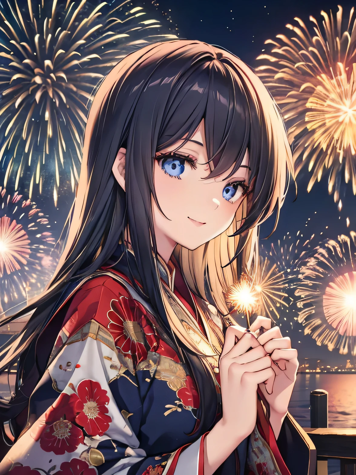 1 guy, navy hair, blue eyes, smile, fireworks festival, fireworks in the night sky, lanterns