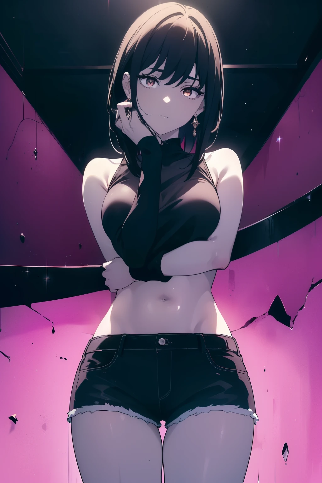 (((((Obra maestra, La mejor calidad, ultrahigh resolution))))), a clear view of a happy looking girl standing in a club waiting for someone)), (black t-shirt, jean shorts, black hair, long dark black hair), pale skin, ((brown eyes)), (glowing_eyes), ((ultra detailed eyes:0.7, beautiful and detailed face, detailed eyes:0.9)), ((centered)), ((over joyed expression)), ((wide shot)), facing viewer, ((indoor party, purple and black lights, black dancing silhouettes:0.9)), medium breasts, looking at viewer, ((perfect hands)), ((((head:1, arms, mid section, hands, elbows, thighs, in view)))), lively eyes, beautiful lighting, background, ((defined subject)), 25 years old, (head tilt), (((cool))), ((lively)), (((chic pose))), ((perfect anatomy))
