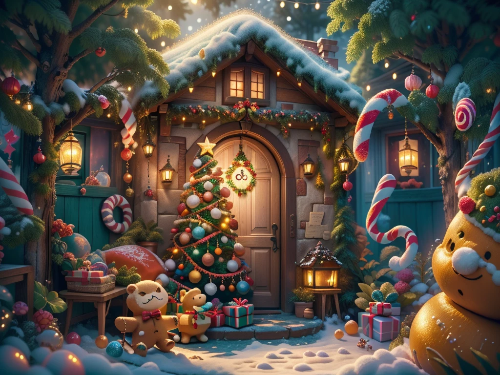 (tmasterpiece),（ultra - detailed:1.3），(Close-up: 1.8), Best quality，（棉花糖一样的白yuki:1.2），（Christmas courtyard in blue fairy tale:1.6），(蓝色门上圣诞decorationlower ring: 1.8),（suns），(((Delicious candies in front of the door，Christmas tree, gifts, Christmas stockings, cute gingerbread man，chocolate house splash))), Illustration style, decorations, Fantasy Christmas small courtyard, Lovely design style, yuki，rays of sunshine，vivd colour、 ((Whimsical and charming fantasy)), Surreal portrait, (Fantasy themed Christmas cabin), (Whimsical Christmas Accessories), (Colorful, Landscape full of candy), (enchanting, 神奇的Christmas tree), (A vibrant one, Candy-colored courtyard), (Candy Road), (blue candy door) in distance, (Like a mirror, 不对称tmasterpiece钟表配件), (Rich, fantasticcolors), (温暖的rays of sunshine), (four dimensional dream), (enchanting atmosphere), (Playful composition), (生动的rays of sunshine效果), 1.4x realism，hyper HD，Shown in this beautiful scene，(Very meticulous，Reasonable design，Clear lines，High- sharpness，tmasterpiece，offcial art，movie light effect，8K)