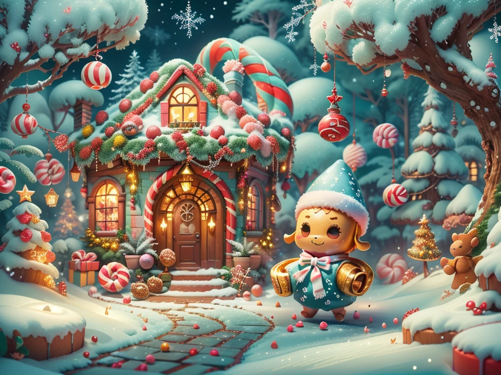 (tmasterpiece),（ultra - detailed:1.3），(Close-up: 1.8), Best quality，（棉花糖一样的白yuki:1.2），（Christmas courtyard in blue fairy tale:1.6），(蓝色门上圣诞decorationlower ring: 1.8),（suns），(((Delicious candies in front of the door，Christmas tree, gifts, Christmas stockings, cute gingerbread man，chocolate house splash))), Illustration style, decorations, Fantasy Christmas small courtyard, Lovely design style, yuki，rays of sunshine，vivd colour、 ((Whimsical and charming fantasy)), Surreal portrait, (Fantasy themed Christmas cabin), (Whimsical Christmas Accessories), (Colorful, Landscape full of candy), (enchanting, 神奇的Christmas tree), (A vibrant one, Candy-colored courtyard), (Candy Road), (blue candy door) in distance, (Like a mirror, 不对称tmasterpiece钟表配件), (Rich, fantasticcolors), (温暖的rays of sunshine), (four dimensional dream), (enchanting atmosphere), (Playful composition), (生动的rays of sunshine效果), 1.4x realism，hyper HD，Shown in this beautiful scene，(Very meticulous，Reasonable design，Clear lines，High- sharpness，tmasterpiece，offcial art，movie light effect，8K)