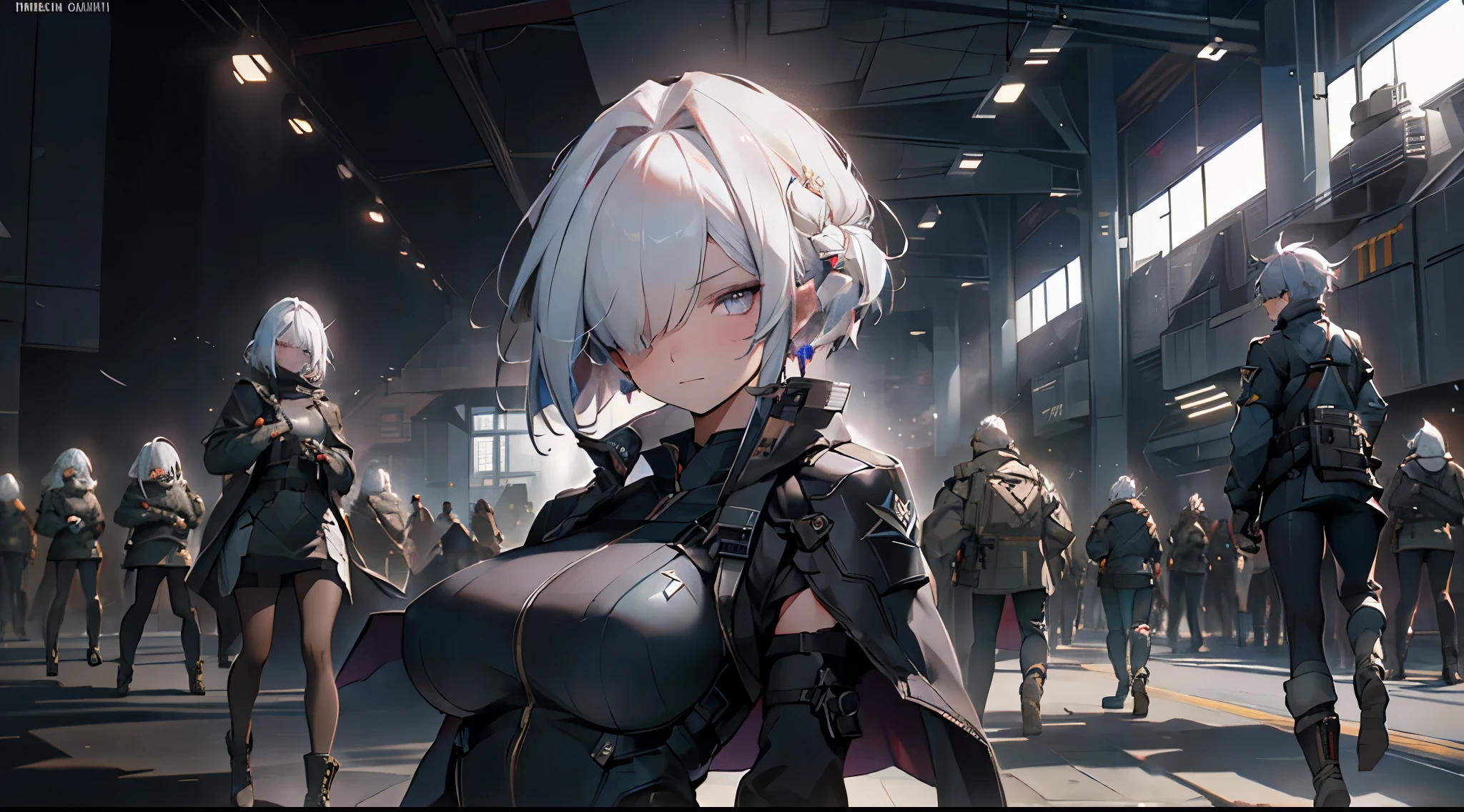 1 Girl, Mature, Solo , Alone, A Single Human, Big Chest, Violet Eyes, , Hair accessories, White Bob Hair, Short Hair, Silver Hair, Bang, hair between eyes, military uniform, black dress, cape, white gloves, pantyhose, high heel boots, Explosion, Running, Sky, on the Aircraft Carrier Ship, Tank , Mech , Sci-fi Battlefield, ((Best quality)), ((masterpiece)), 3D, HDR (High Dynamic Range),Ray Tracing, NVIDIA RTX, Super-Resolution, Unreal 5,Subsurface scattering, PBR Texturing, Post-processing, Anisotropic Filtering, Depth-of-field, Maximum clarity and sharpness, Multi-layered textures, Albedo and Specular maps, Surface shading, Accurate simulation of light-material interaction, Perfect proportions, Octane Render, Two-tone lighting, Wide aperture, Low ISO, White balance, Rule of thirds,8K RAW, Aura, masterpiece, best quality, Mysterious expression, magical effects like sparkles or energy, flowing robes or enchanting attire, mechanic creatures or mystical background, rim lighting, side lighting, cinematic light, ultra high res, 8k uhd, film grain, best shadow, delicate, RAW, light particles, detailed skin texture, detailed cloth texture, beautiful face, (masterpiece), best quality, expressive eyes, perfect face,nikkeredhood,hair over one eye,marian,griseo,momo_burlesque