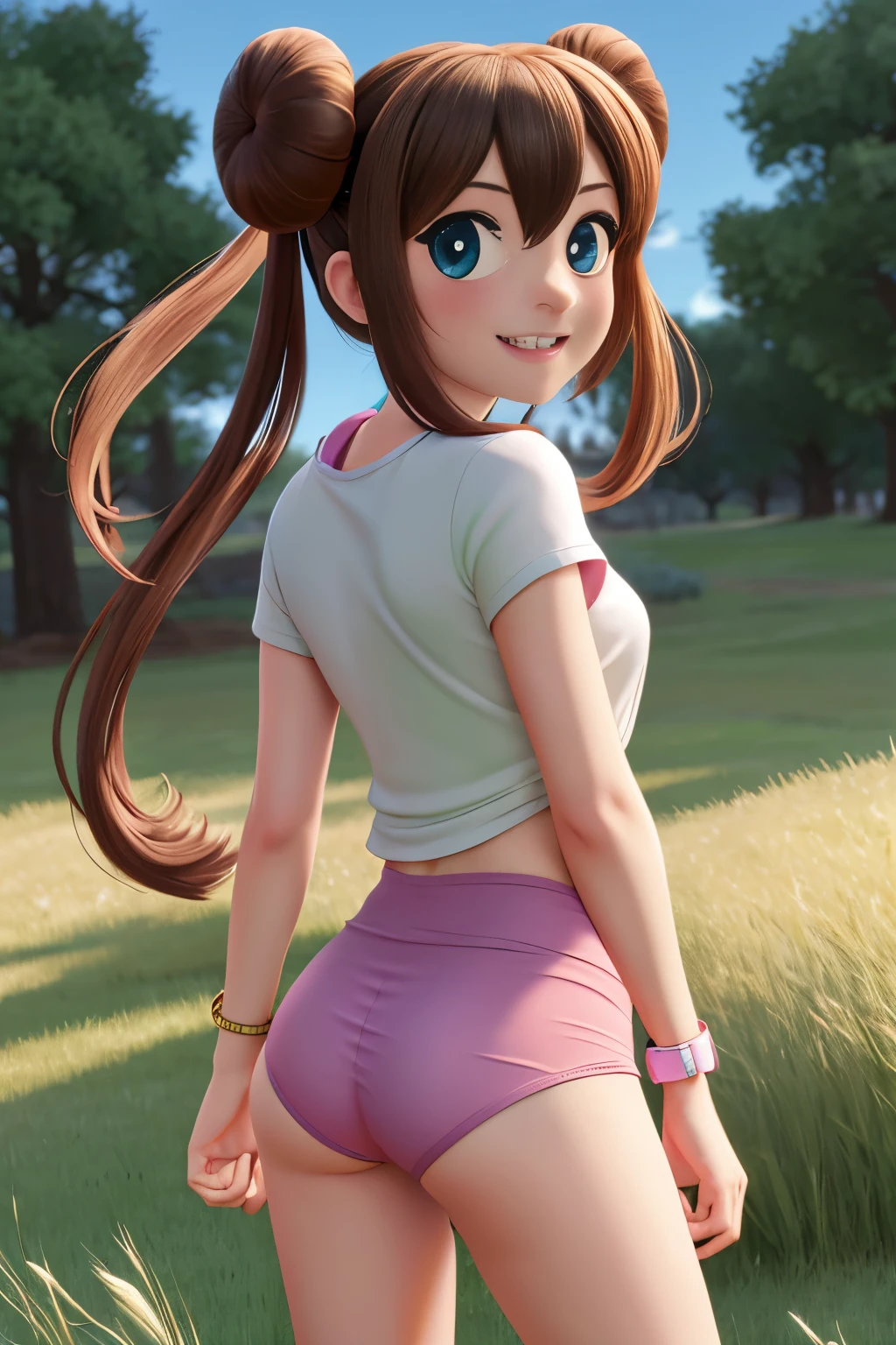 masuter piece, Best Quality, 超A high resolution, top-quality, Anime style, The best lighting, Beautiful face, ​masterpiece, Hi-Res, RO1, Hair buns, blue eyess, Twin-tailed, panthyhose, tightpanties, Pink ribbon, wrist watch,  Standing, cowboy  shot, deph of field, pokeball \(basic\), A smile, (Grass background:1.5), pleasant sunny sky, 1girll