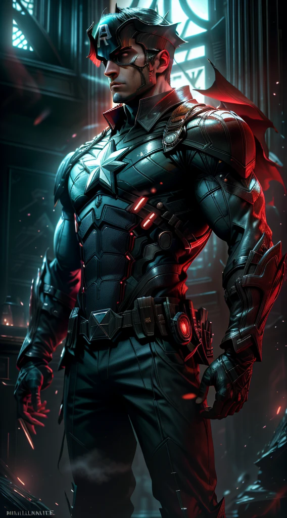 Realstic ,brillant, thoughtful, bioluminique, Captain America, tenant un couteau sanglant, to Gotham City, manteau, Runes lumineuses _rouge, Corps entier, cutscene, fond sombre, backlight, high contrast,